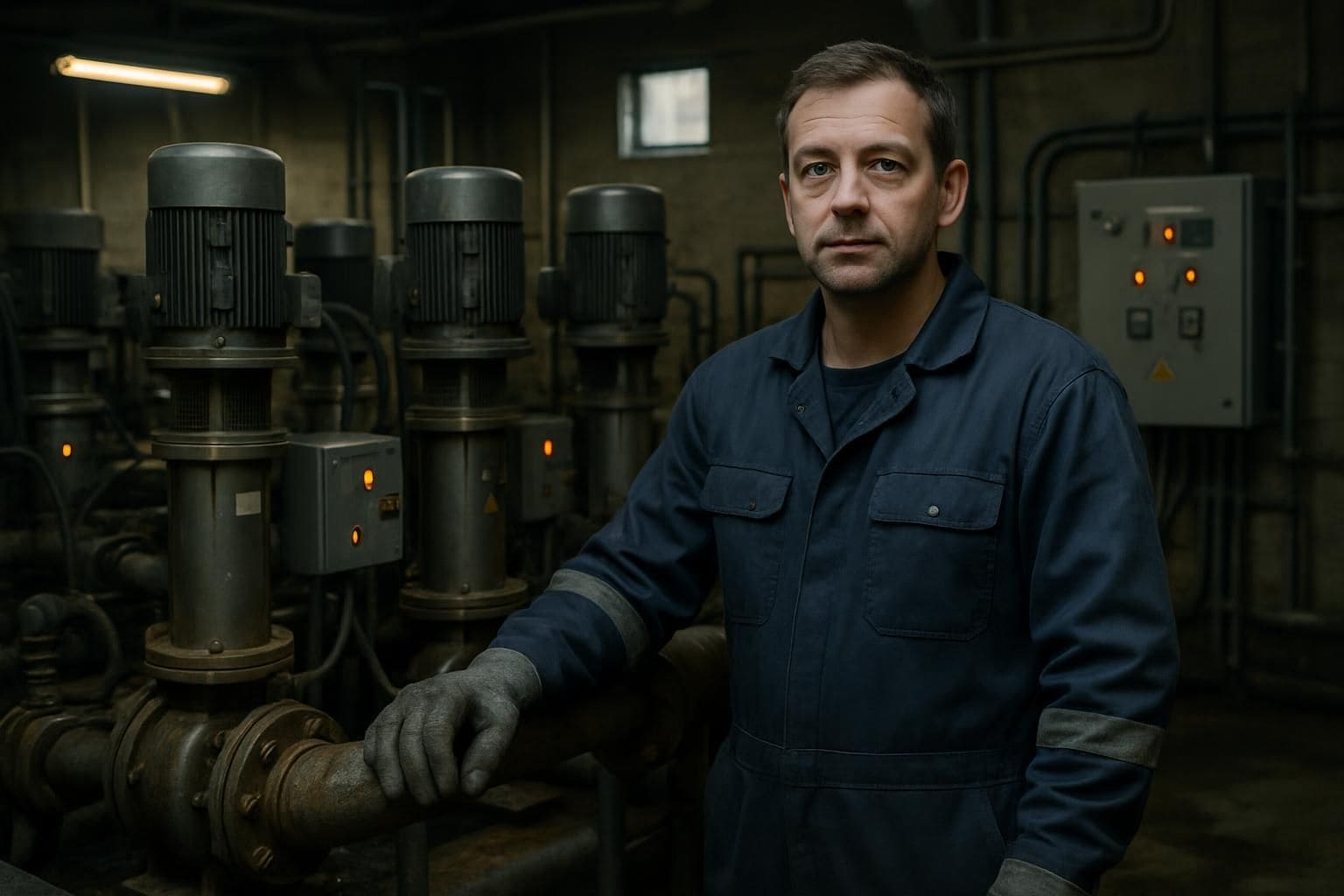 A middle-aged man stands in an industrial wastewater treatment facility, surrounded by pumps, valves, and control panels. A middle-aged man stands in an industrial wastewater treatment facility, surrounded by pumps, valves, and control panels.