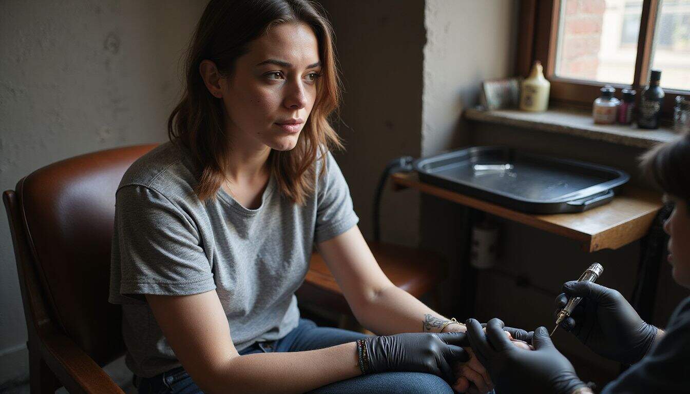 A woman in her 30s gets a meaningful tattoo done by a tattoo artist in a serene parlor. A woman in her 30s gets a meaningful tattoo done by a tattoo artist in a serene parlor.