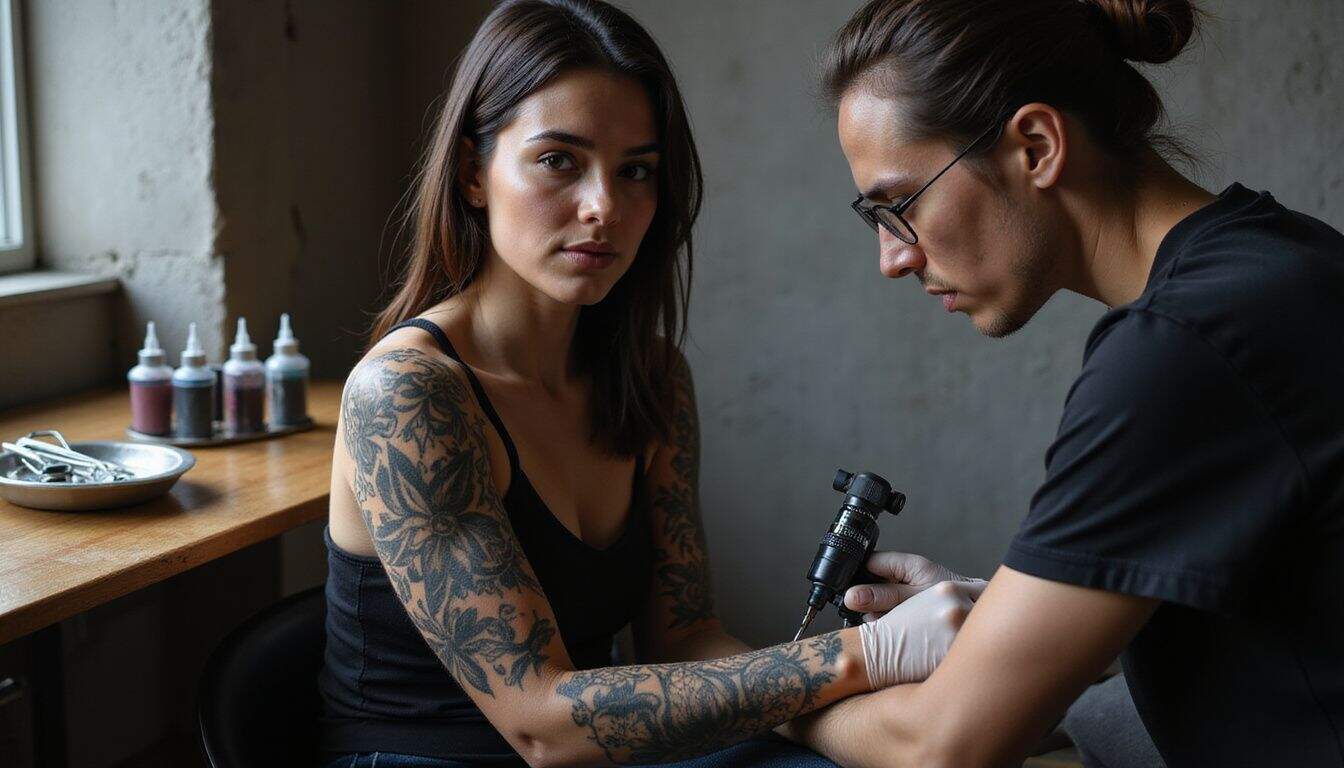 A woman with a full sleeve tattoo sits in a minimalist tattoo studio. A woman with a full sleeve tattoo sits in a minimalist tattoo studio.