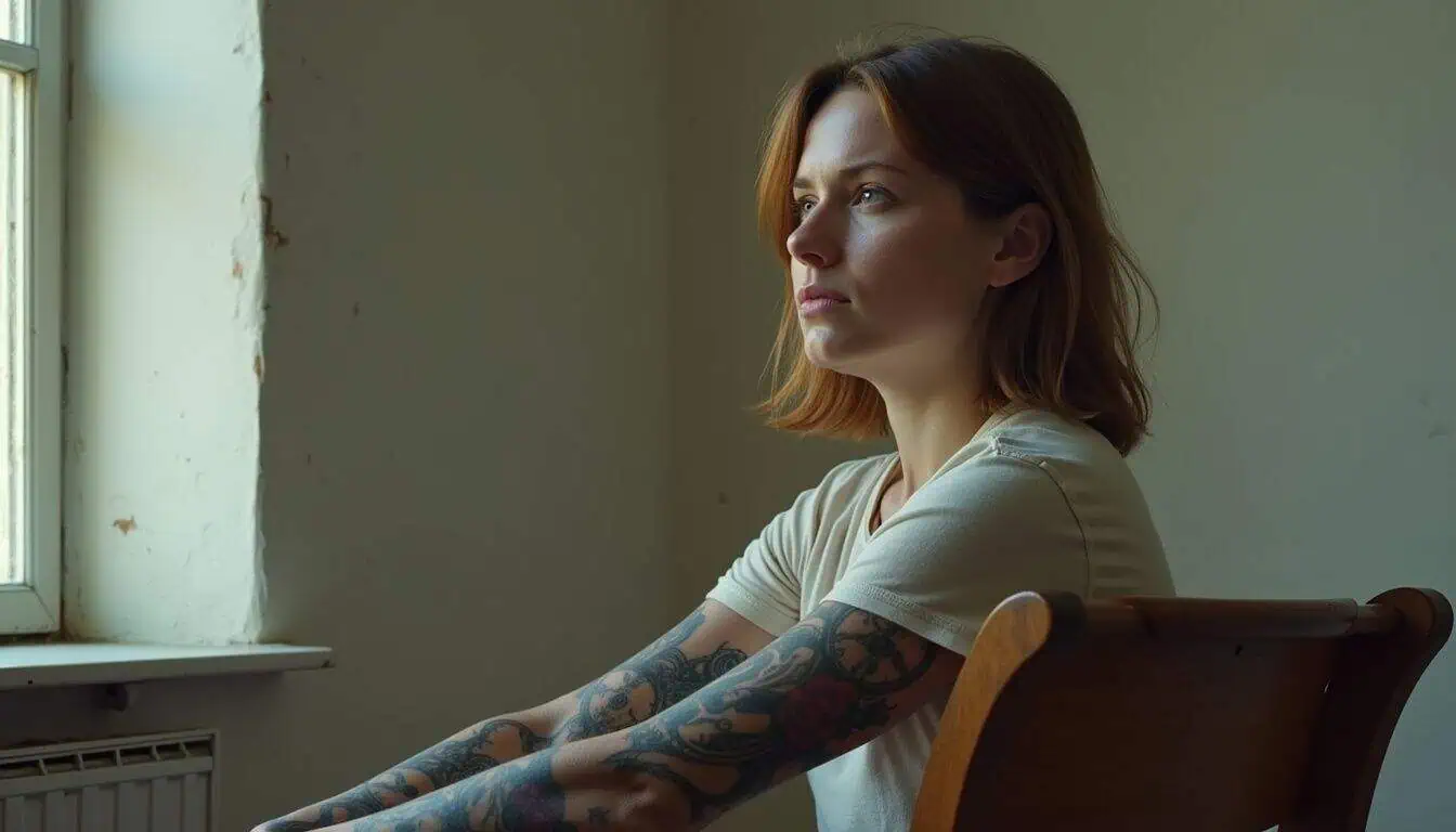 A woman with tattoos depicting grief and trauma sits in a sparsely furnished room, lost in contemplation. A woman with tattoos depicting grief and trauma sits in a sparsely furnished room, lost in contemplation.