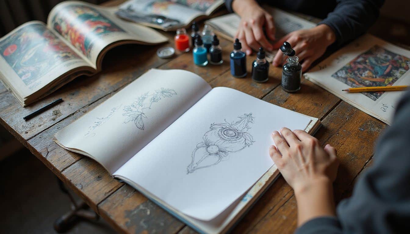 A worn wooden table with tattoo magazines, design sketches, and ink bottles, creating an authentic artist's workspace. A worn wooden table with tattoo magazines, design sketches, and ink bottles, creating an authentic artist's workspace.
