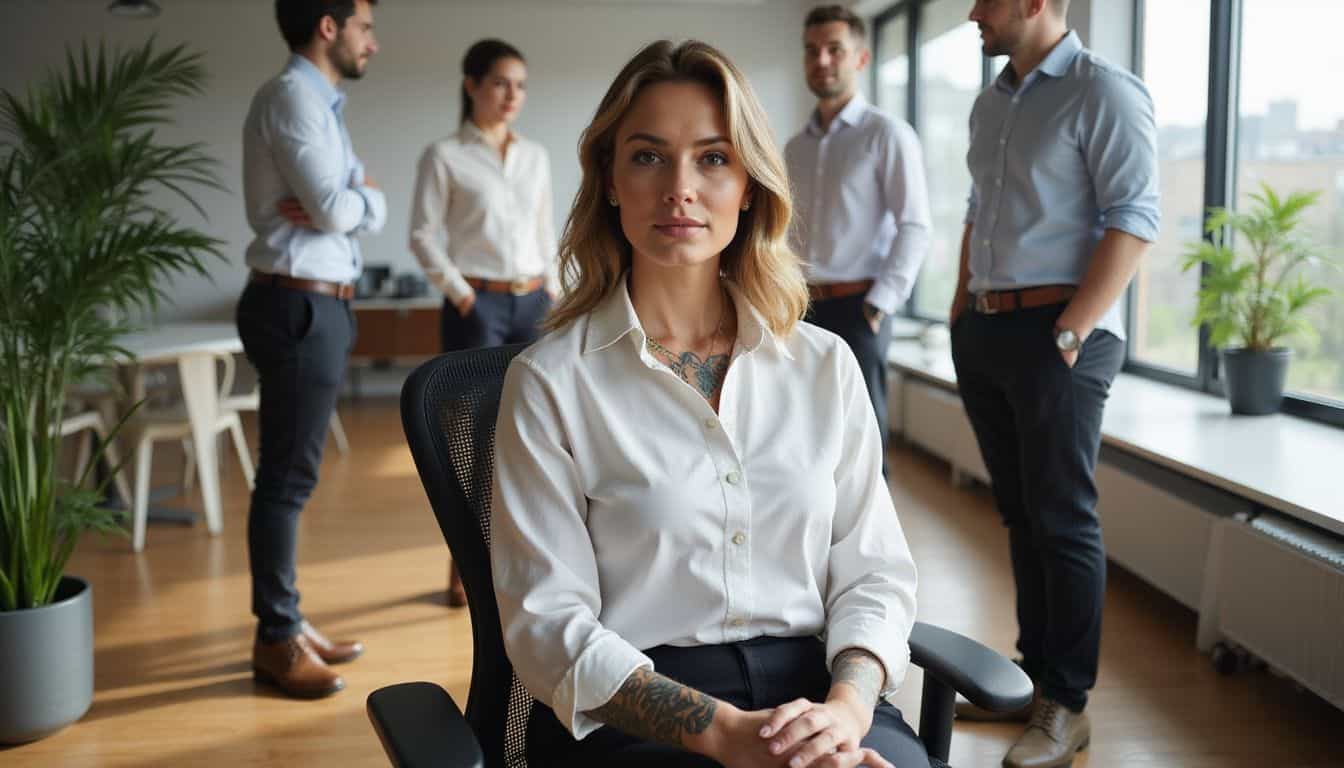 A confident woman with tattoos sits in a modern office surrounded by engaged colleagues. A confident woman with tattoos sits in a modern office surrounded by engaged colleagues.