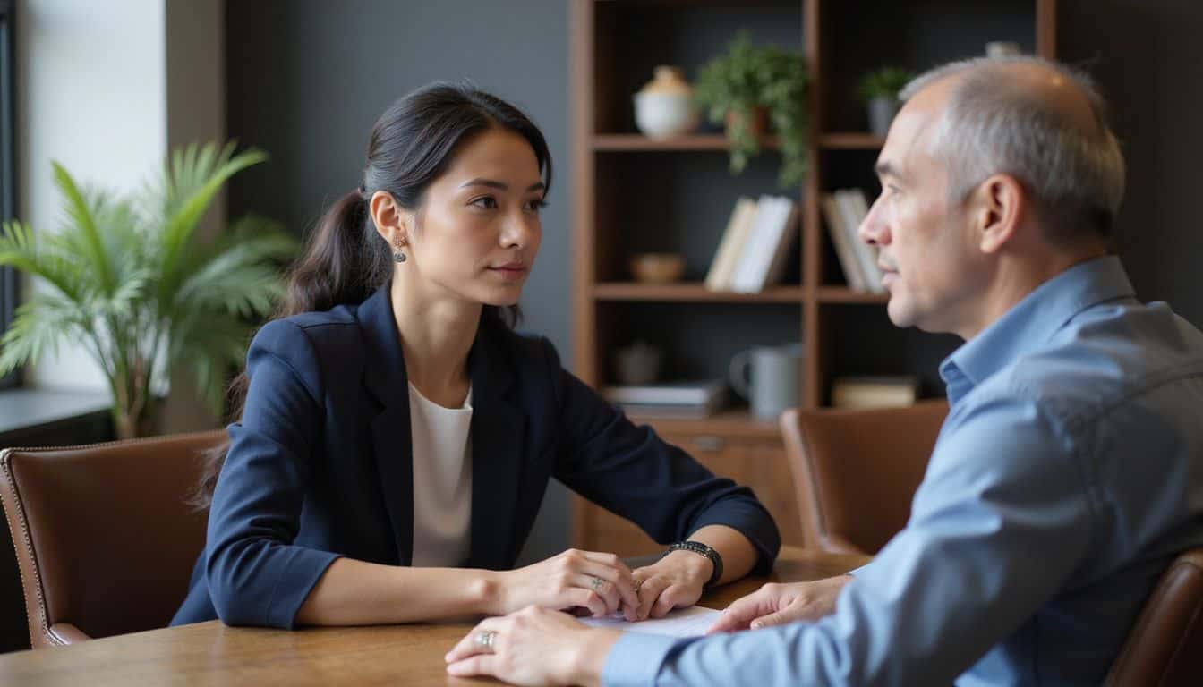 A woman in a professional office setting engages in a focused conversation with a middle-aged man. A woman in a professional office setting engages in a focused conversation with a middle-aged man.