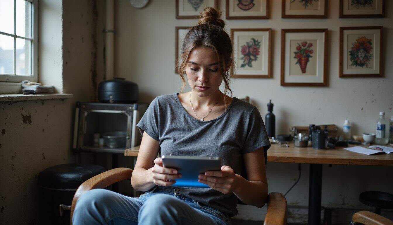 A woman in her 30s is carefully choosing a tattoo design on a digital tablet in a crowded tattoo parlor. A woman in her 30s is carefully choosing a tattoo design on a digital tablet in a crowded tattoo parlor.