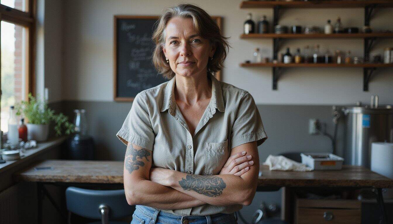 A middle-aged woman stands in a tattoo studio, with tattoos on her arms and a calm, confident demeanor. A middle-aged woman stands in a tattoo studio, with tattoos on her arms and a calm, confident demeanor.