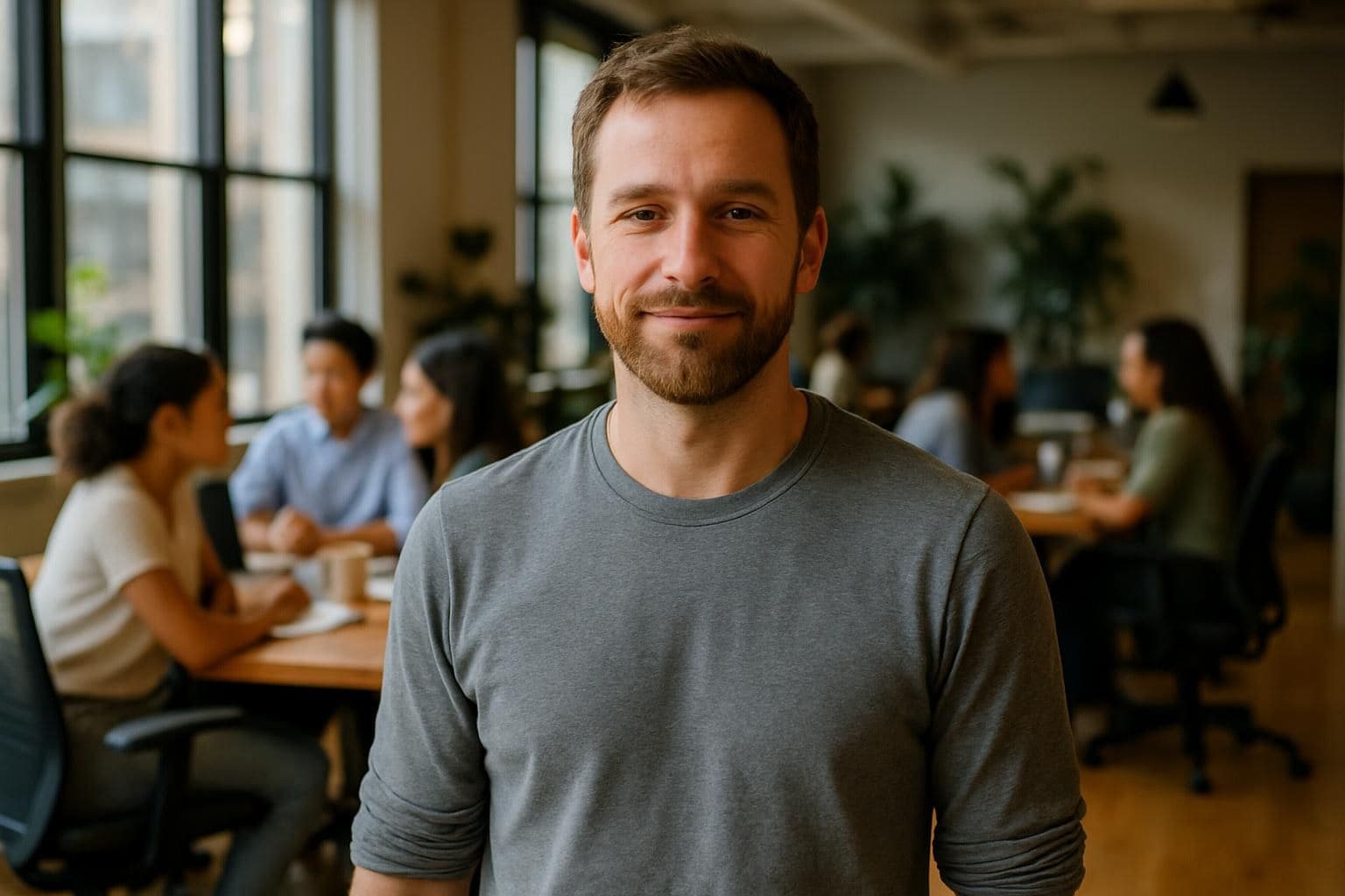 A mid-30s Caucasian man stands in a busy office space with colleagues in the background. A mid-30s Caucasian man stands in a busy office space with colleagues in the background.