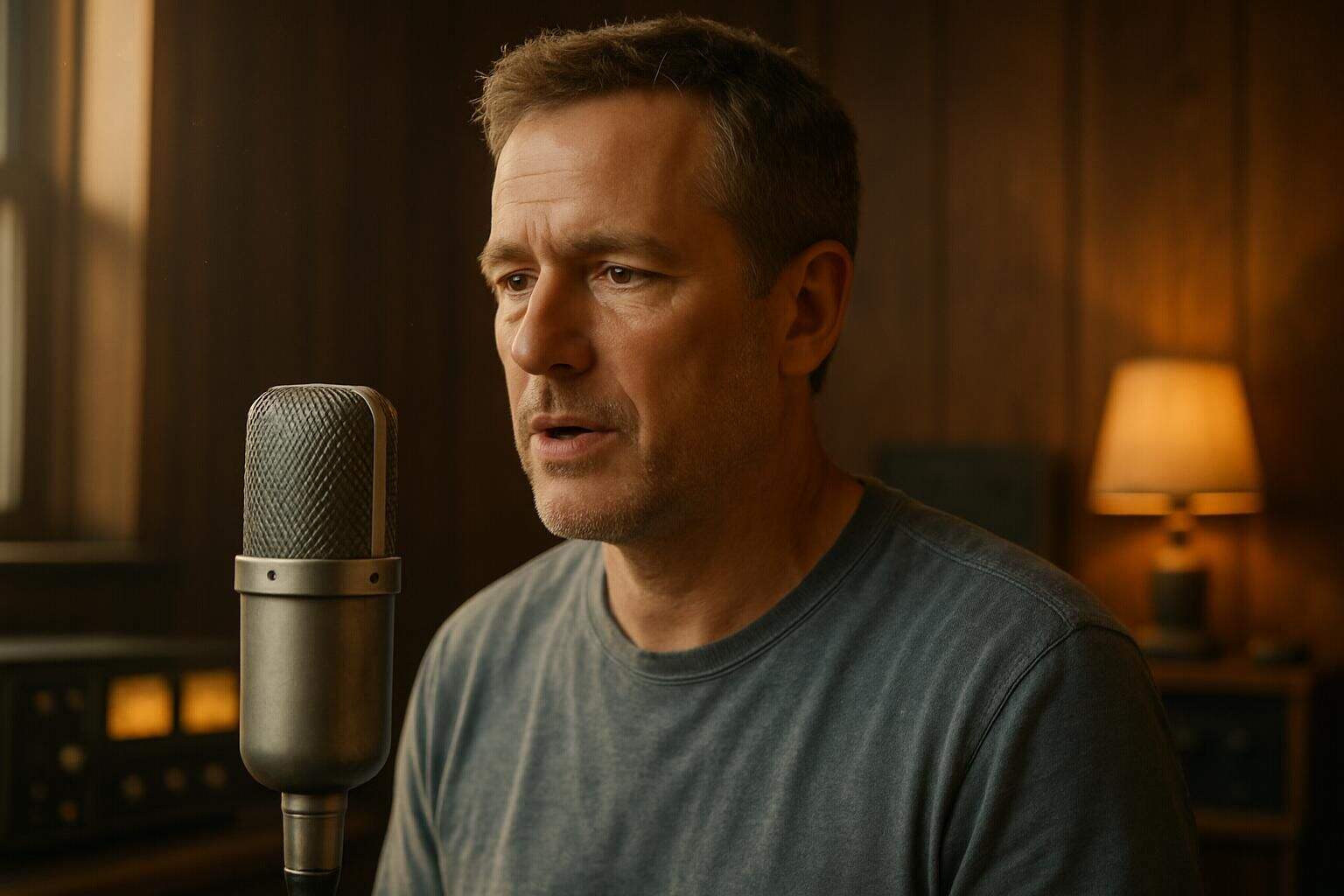 A middle-aged man recording in a vintage studio with a silver microphone and retro equipment. A middle-aged man recording in a vintage studio with a silver microphone and retro equipment.
