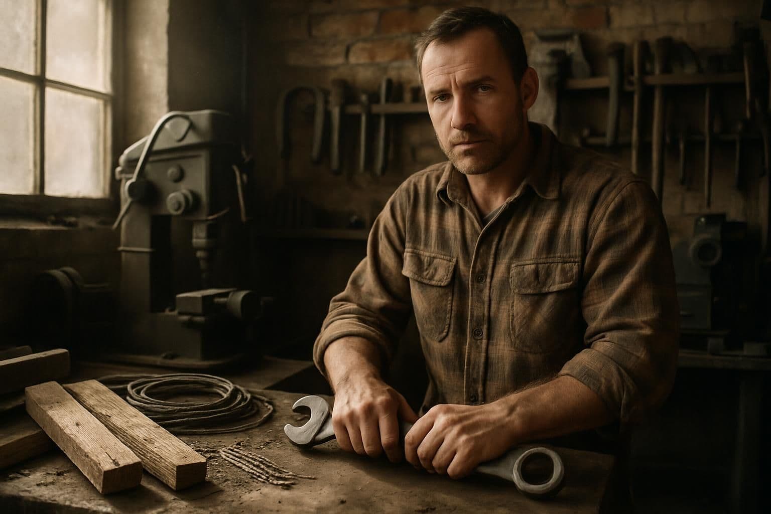 A man in a rugged workshop filled with industrial tools and materials, exuding a hardworking atmosphere. A man in a rugged workshop filled with industrial tools and materials, exuding a hardworking atmosphere.