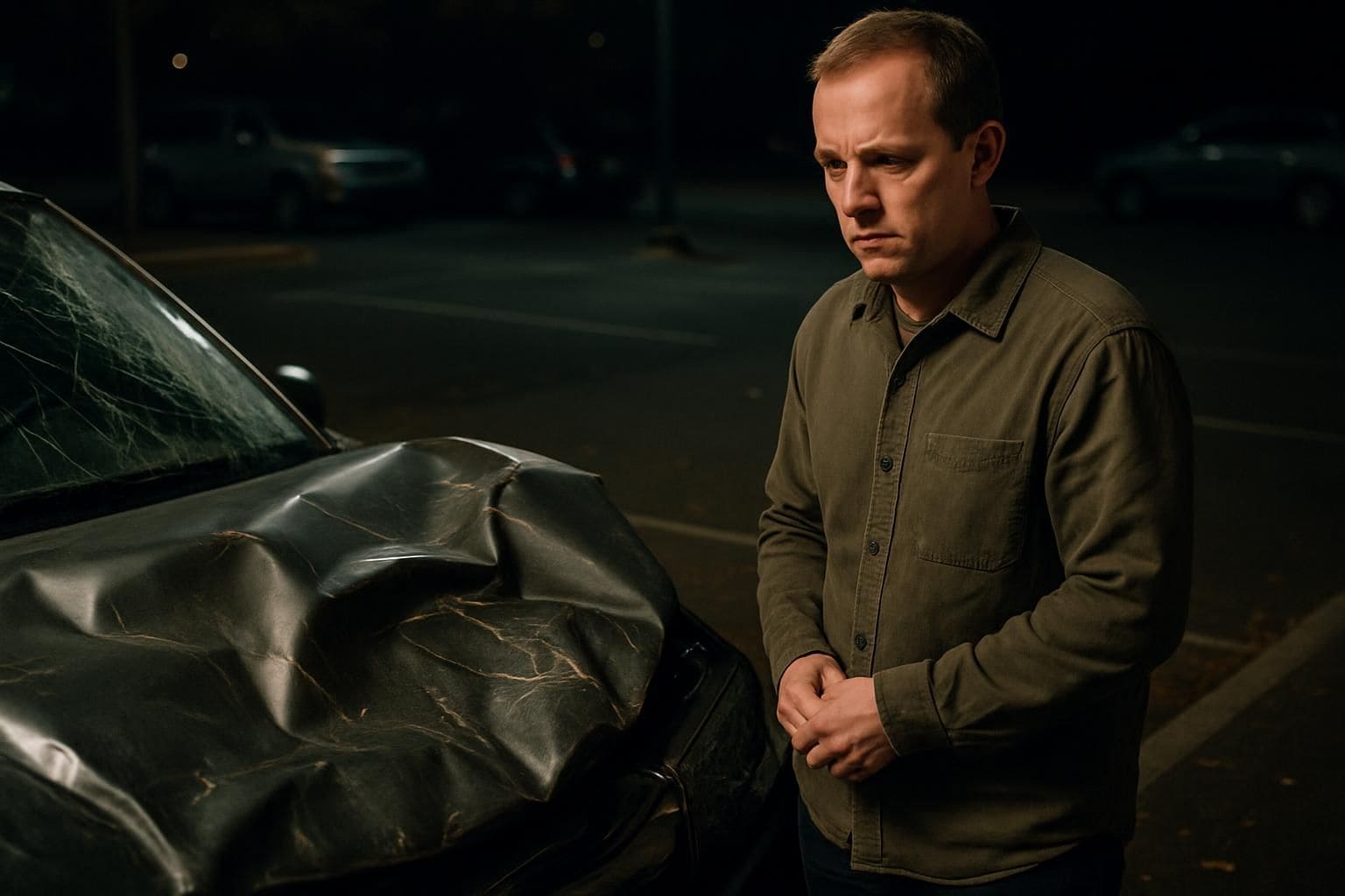 A crumpled car hood and shattered windshield with a pedestrian in a quiet parking lot. A crumpled car hood and shattered windshield with a pedestrian in a quiet parking lot.