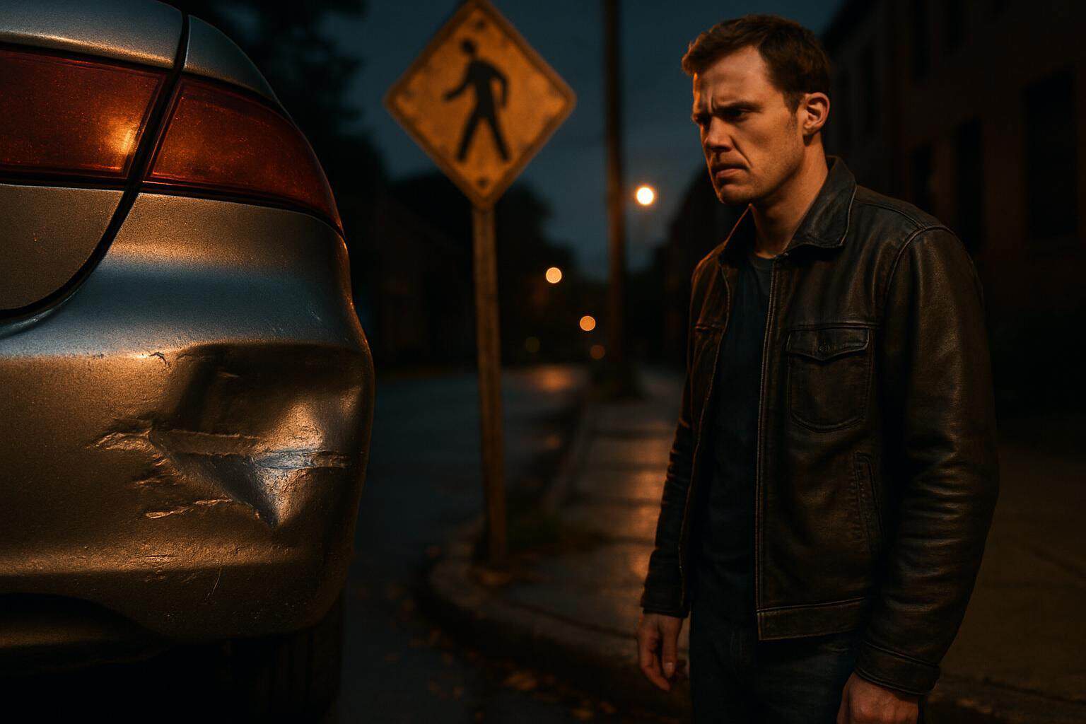 A frustrated man stands next to a dented car bumper on a city street corner at dusk. A frustrated man stands next to a dented car bumper on a city street corner at dusk.