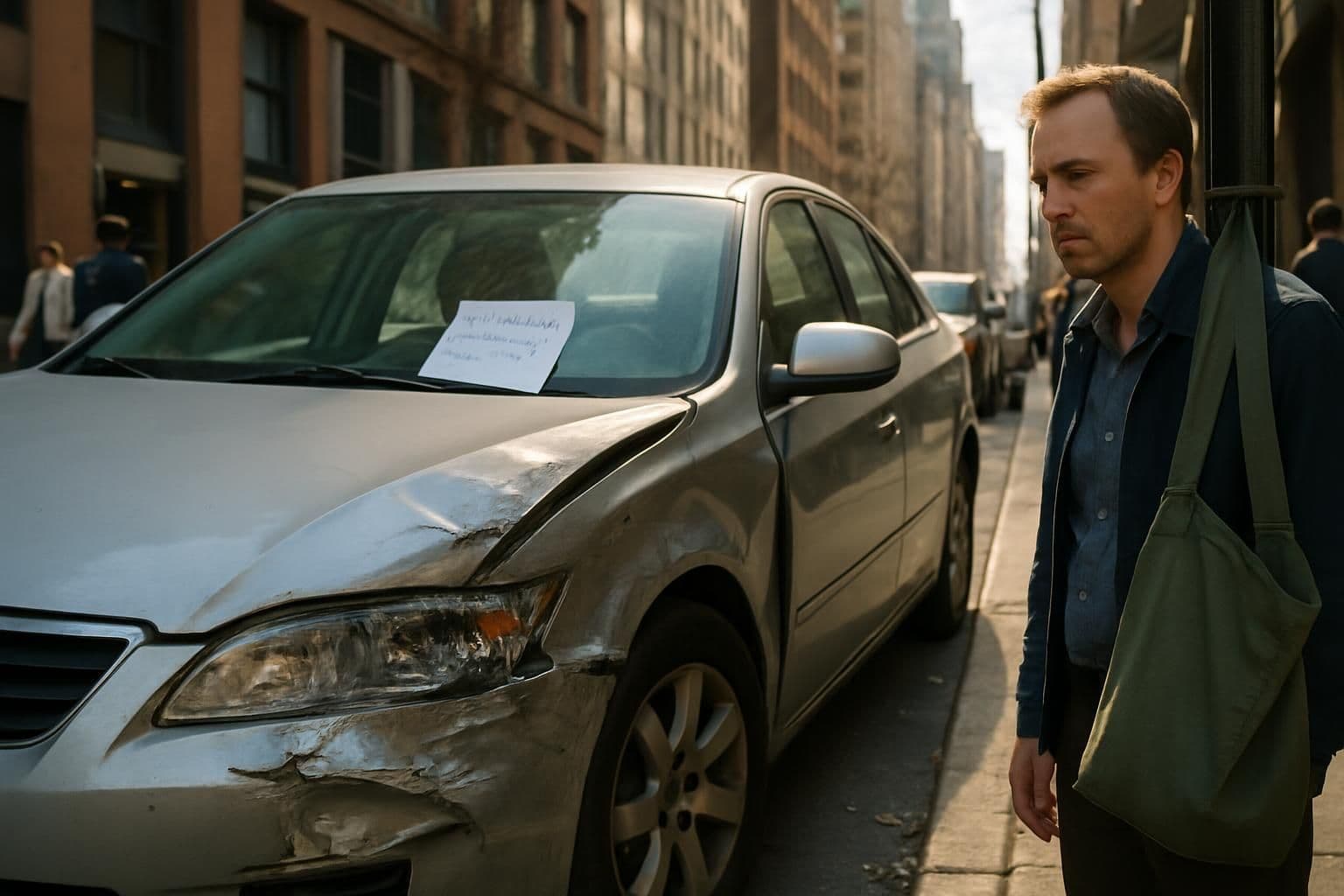 A damaged sedan parked on a busy city street, with a note explaining a missed workday. A damaged sedan parked on a busy city street, with a note explaining a missed workday.