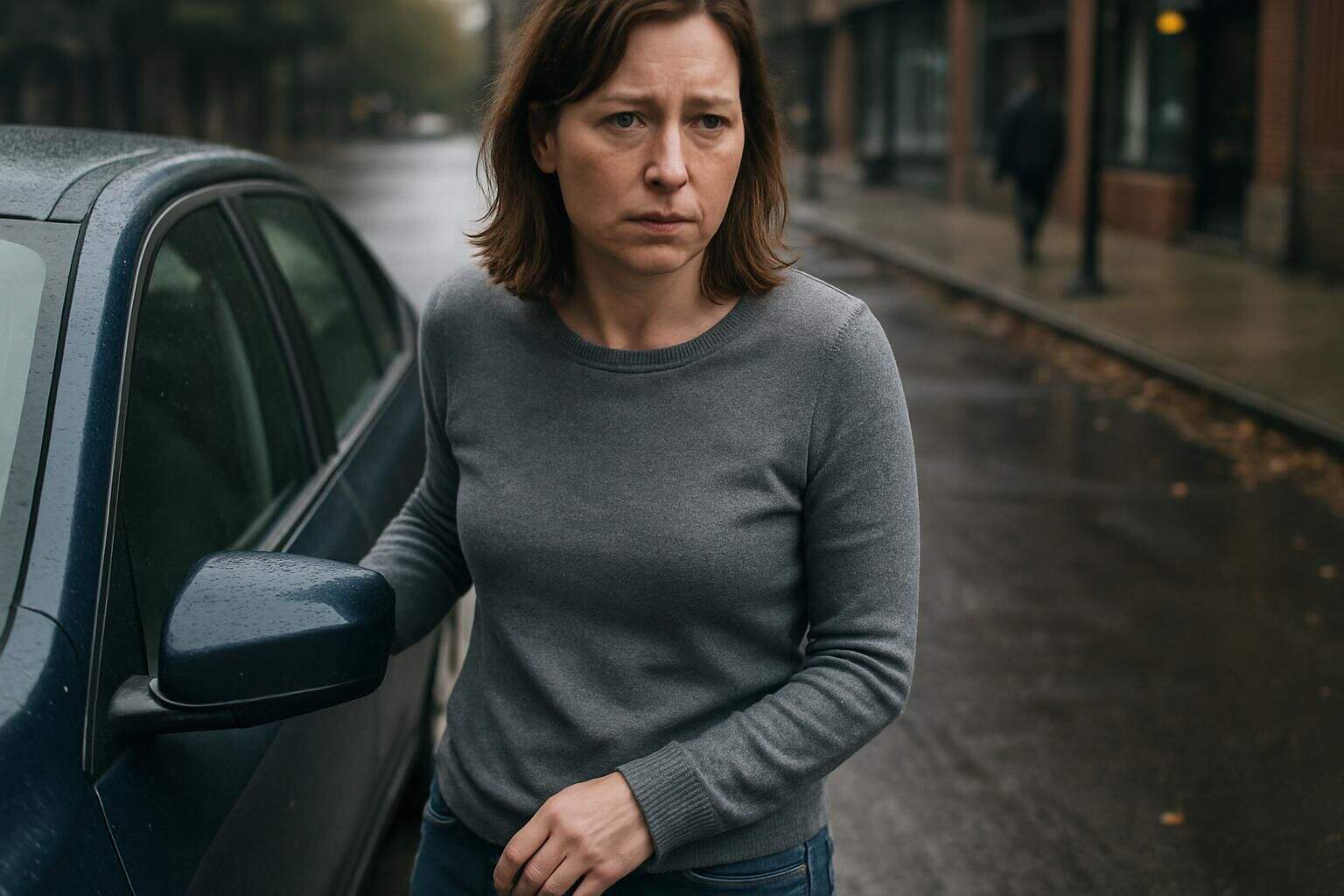 A woman in her mid-30s stands next to a dark blue sedan, showing signs of tension and nervousness. A woman in her mid-30s stands next to a dark blue sedan, showing signs of tension and nervousness.