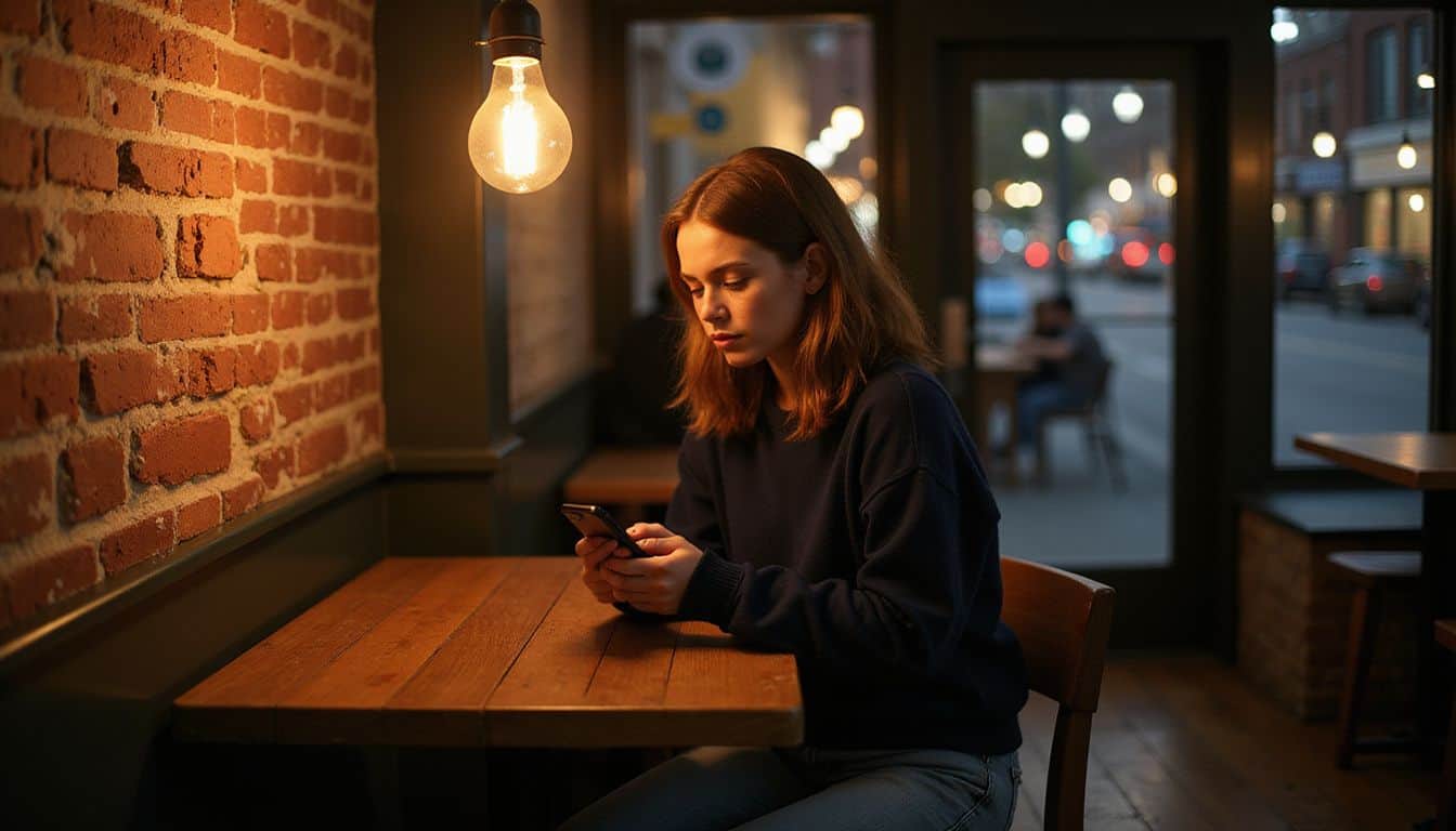A woman sits alone in a dimly lit cafe, engrossed in her phone. A woman sits alone in a dimly lit cafe, engrossed in her phone.
