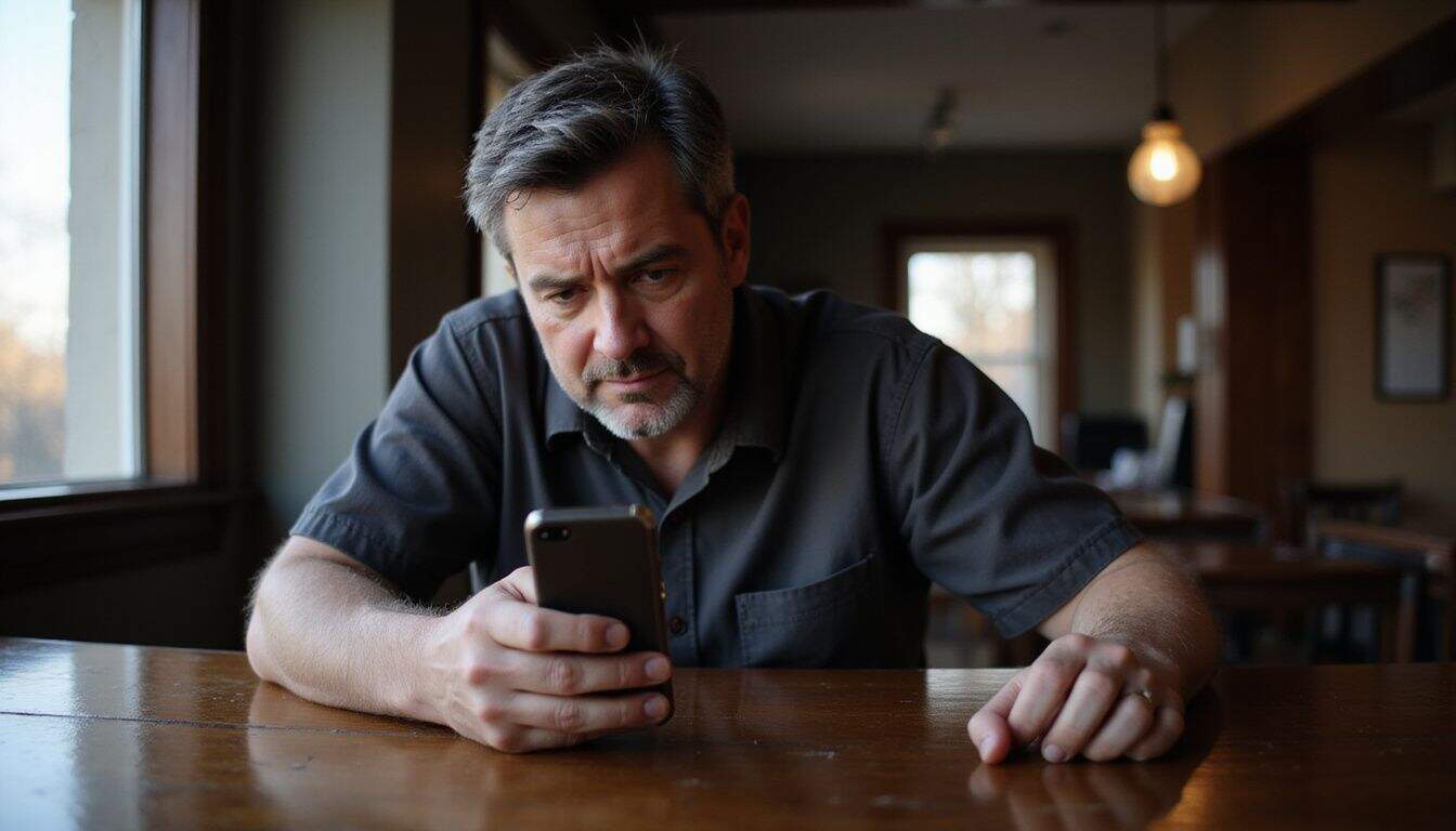 A middle-aged man sits alone at a bar, looking tense as he focuses on his smartphone. A middle-aged man sits alone at a bar, looking tense as he focuses on his smartphone.