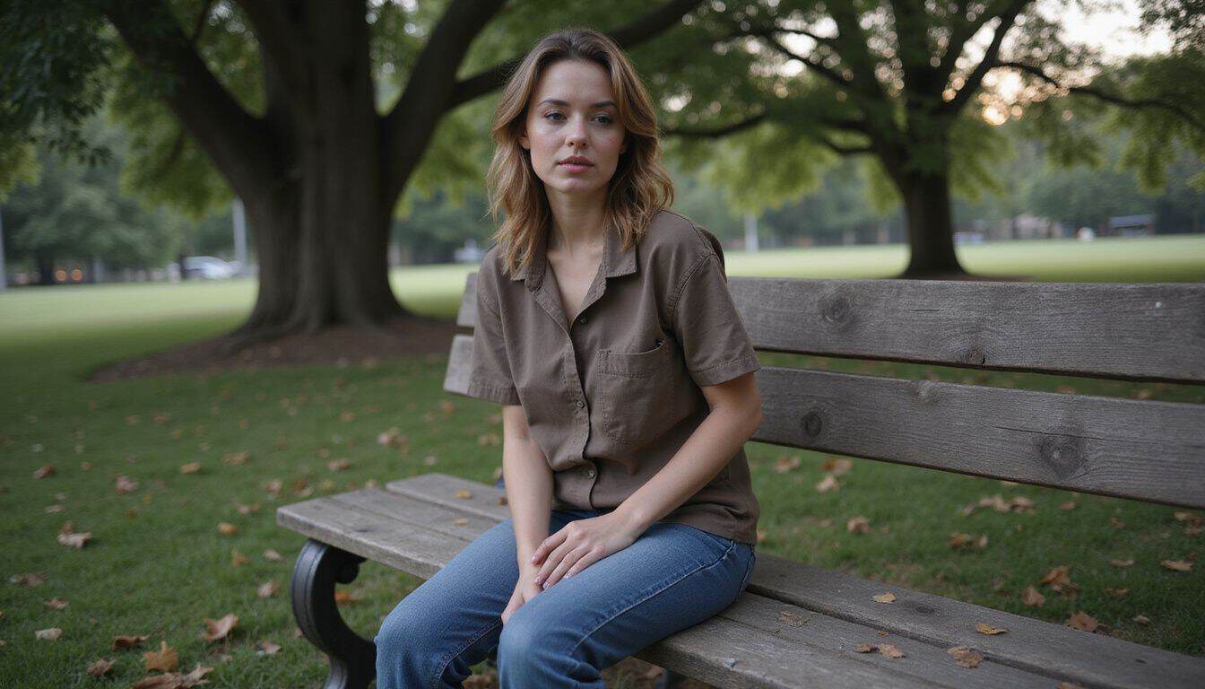 A woman in her 30s sits alone on a weathered park bench, deep in contemplation. A woman in her 30s sits alone on a weathered park bench, deep in contemplation.