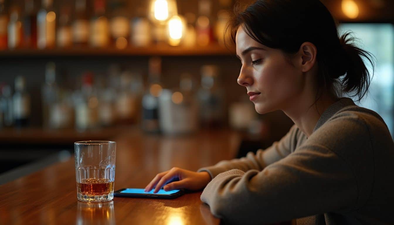 A woman sits alone at a bar, looking pensive with a glass of whiskey and smartphone. A woman sits alone at a bar, looking pensive with a glass of whiskey and smartphone.