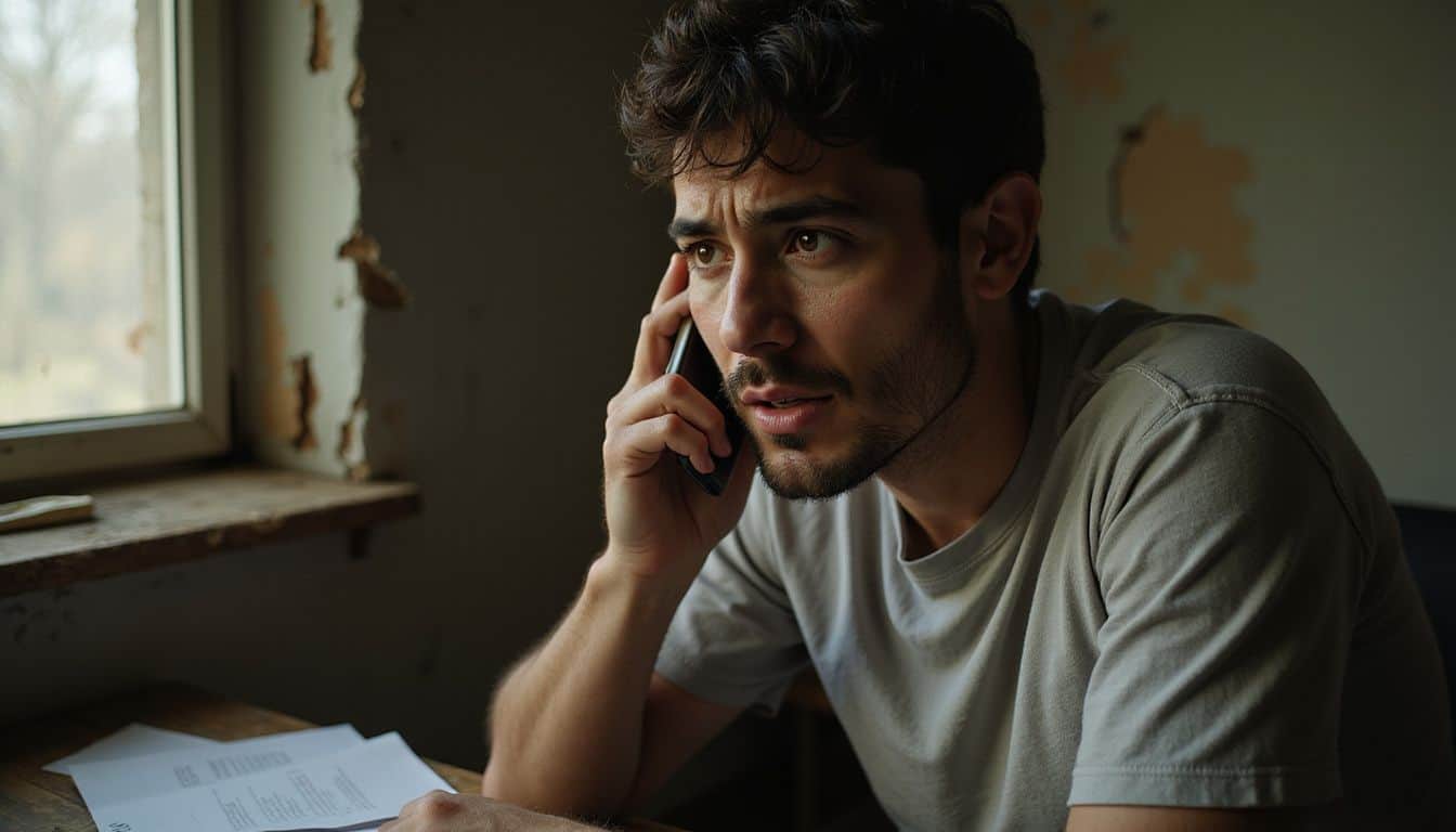A person in a dim room speaks anxiously on the phone, conveying worry and guilt. A person in a dim room speaks anxiously on the phone, conveying worry and guilt.
