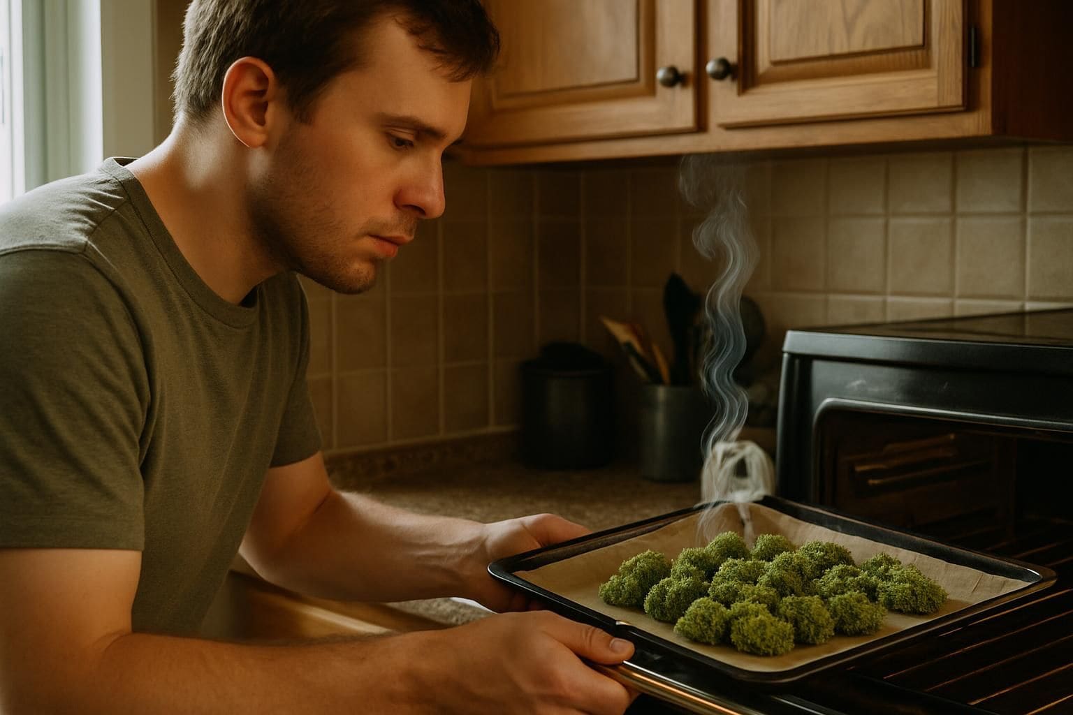 A young man decarboxylating cannabis buds in a home kitchen with focused intent and practiced ease. A young man decarboxylating cannabis buds in a home kitchen with focused intent and practiced ease.