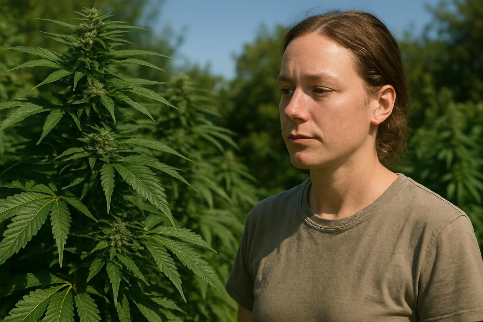 A serene garden scene with lush cannabis plants and a relaxed person. A serene garden scene with lush cannabis plants and a relaxed person.