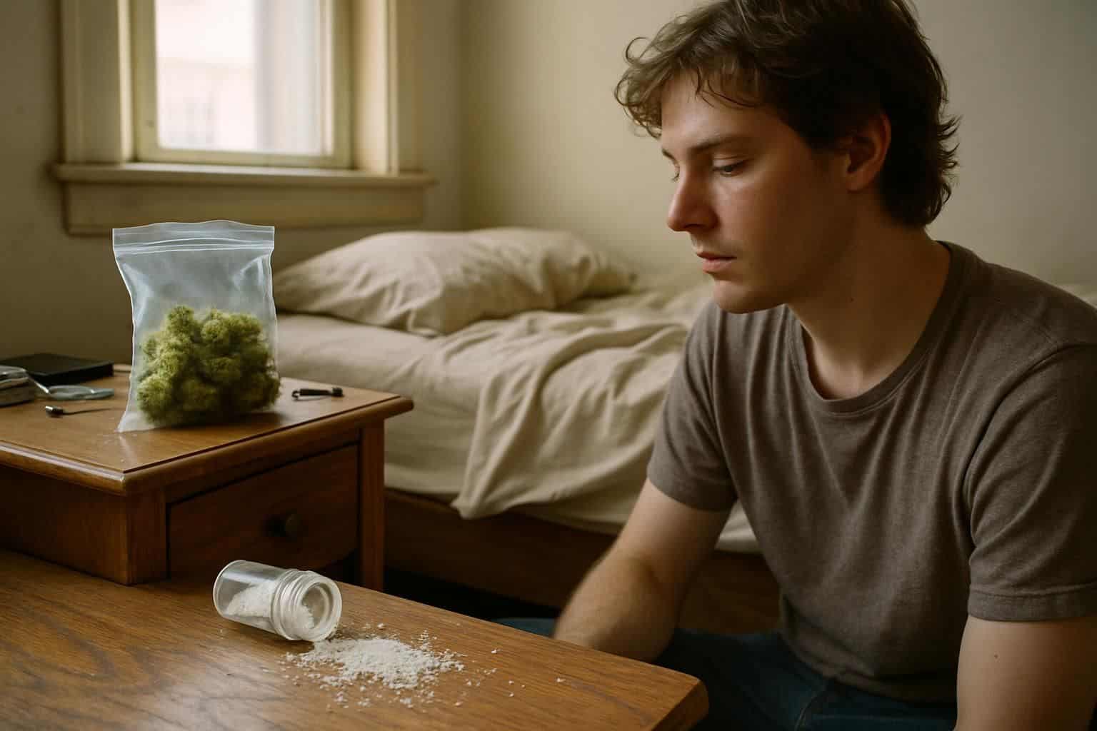 A cluttered bedroom with marijuana buds, THC crystals, and a person sitting on the bed. A cluttered bedroom with marijuana buds, THC crystals, and a person sitting on the bed.