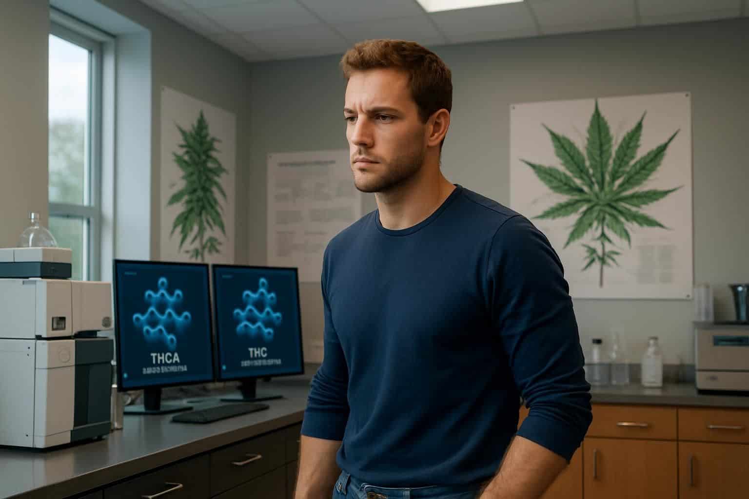 A focused man examines a professional laboratory studying cannabinoid evolution and cannabis plants. A focused man examines a professional laboratory studying cannabinoid evolution and cannabis plants.