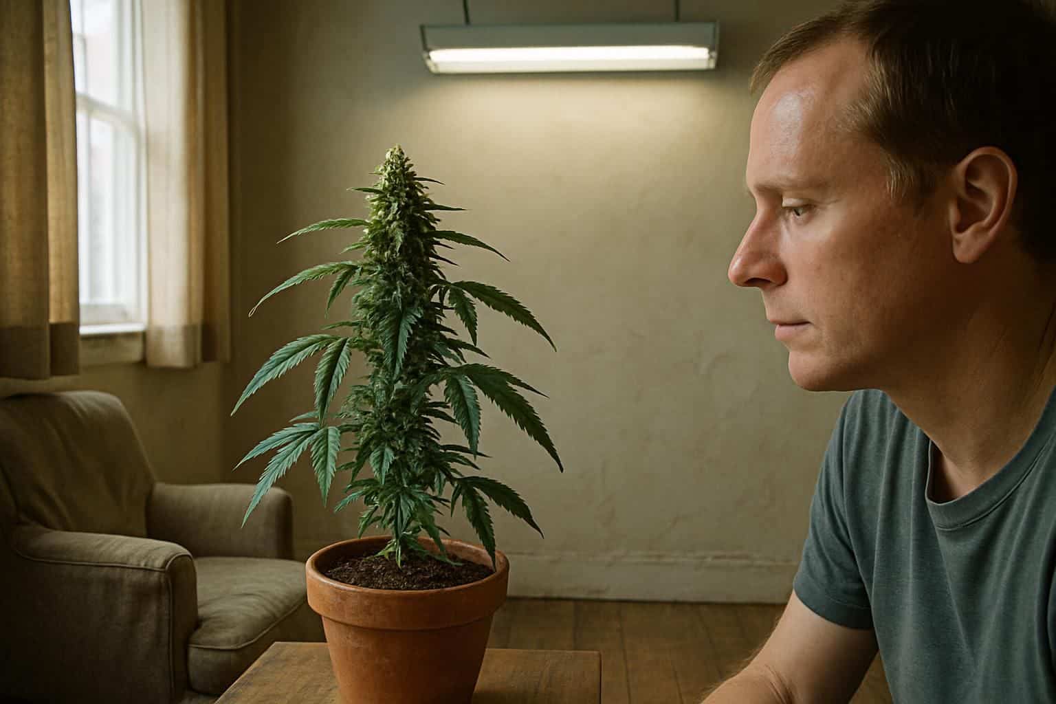 A mature cannabis plant in a simple room with natural light and a person observing. A mature cannabis plant in a simple room with natural light and a person observing.
