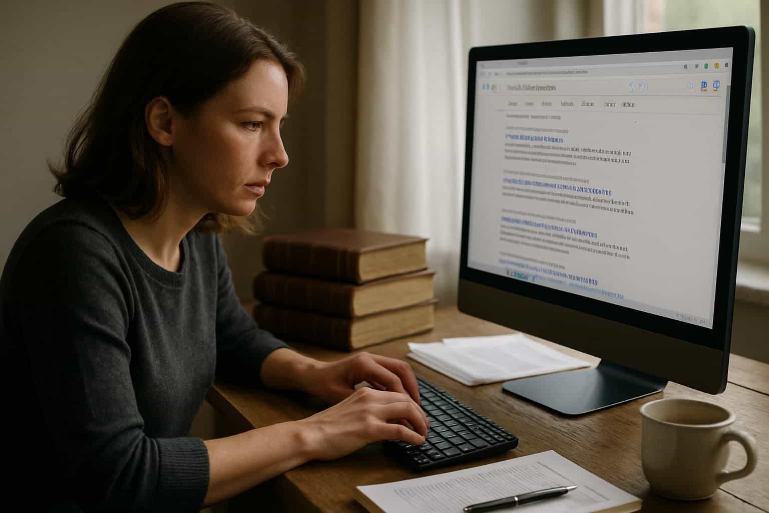 A focused woman in her 30s types intently at a wooden desk surrounded by law books and legal documents. A focused woman in her 30s types intently at a wooden desk surrounded by law books and legal documents.