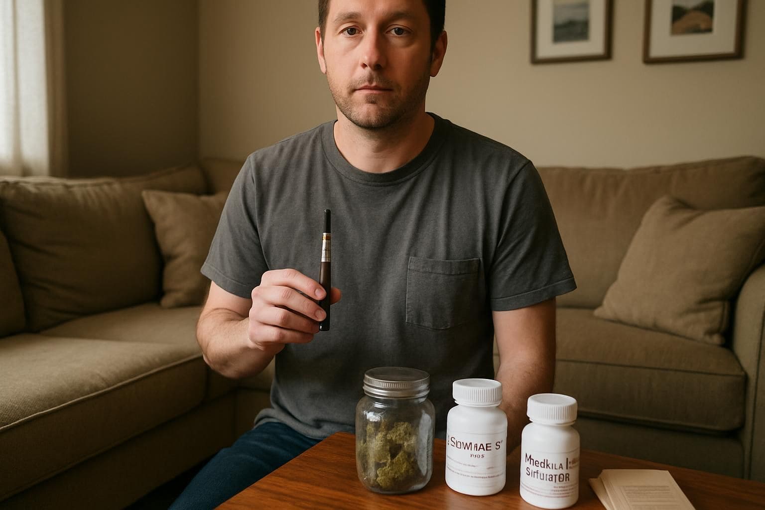 A man in his 30s stands in a warm living room with cannabis products on a coffee table. A man in his 30s stands in a warm living room with cannabis products on a coffee table.