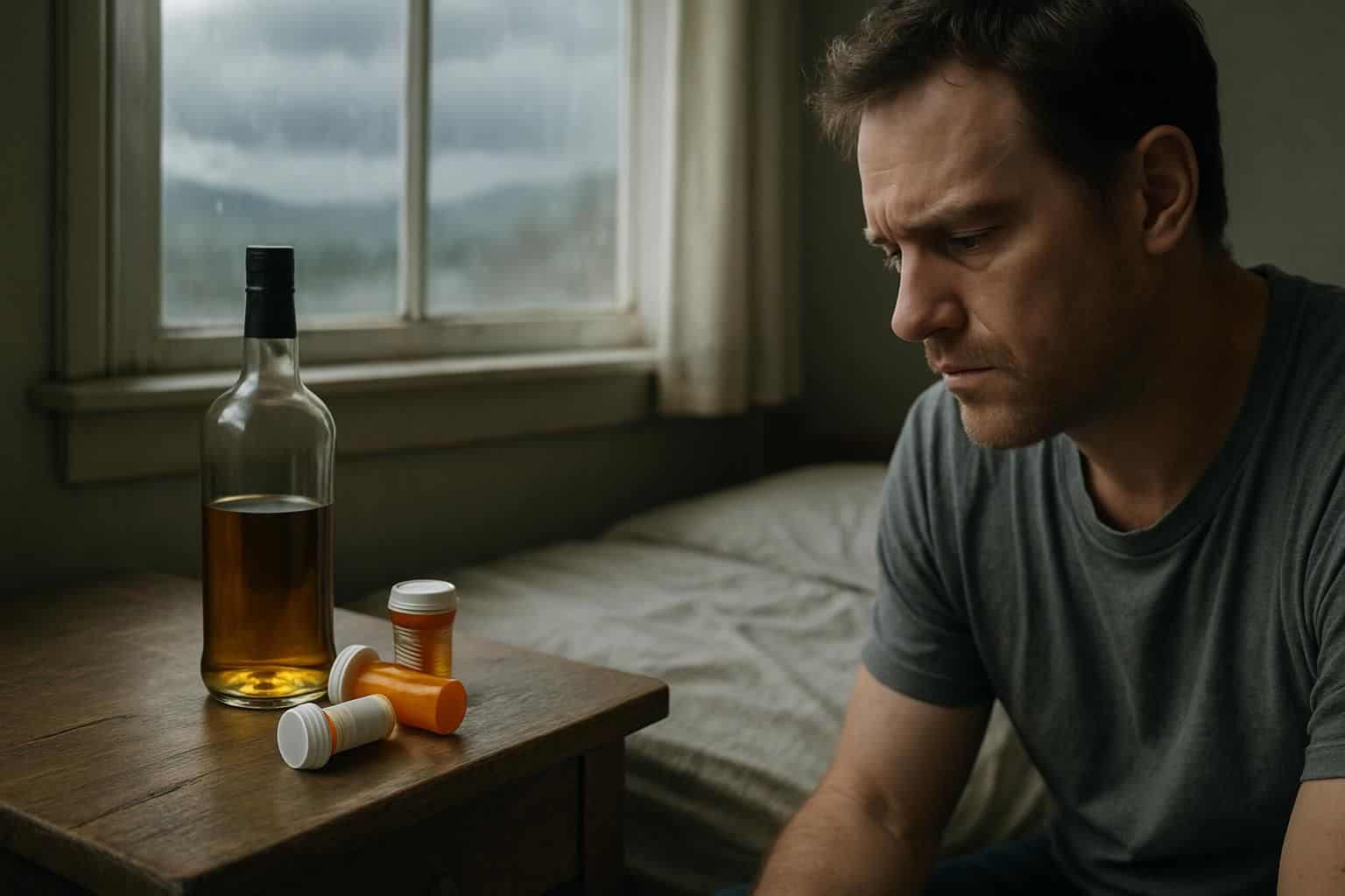 A serene bedroom with whiskey, pills, and a pensive person in contemplation. A serene bedroom with whiskey, pills, and a pensive person in contemplation.