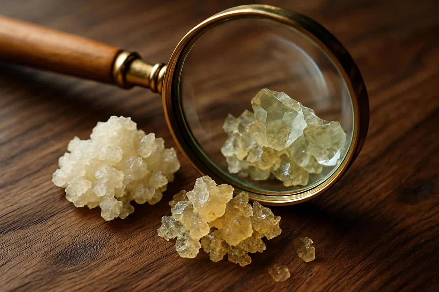 A close-up photo of THCA and THC crystals on a wooden surface with a magnifying glass. A close-up photo of THCA and THC crystals on a wooden surface with a magnifying glass.