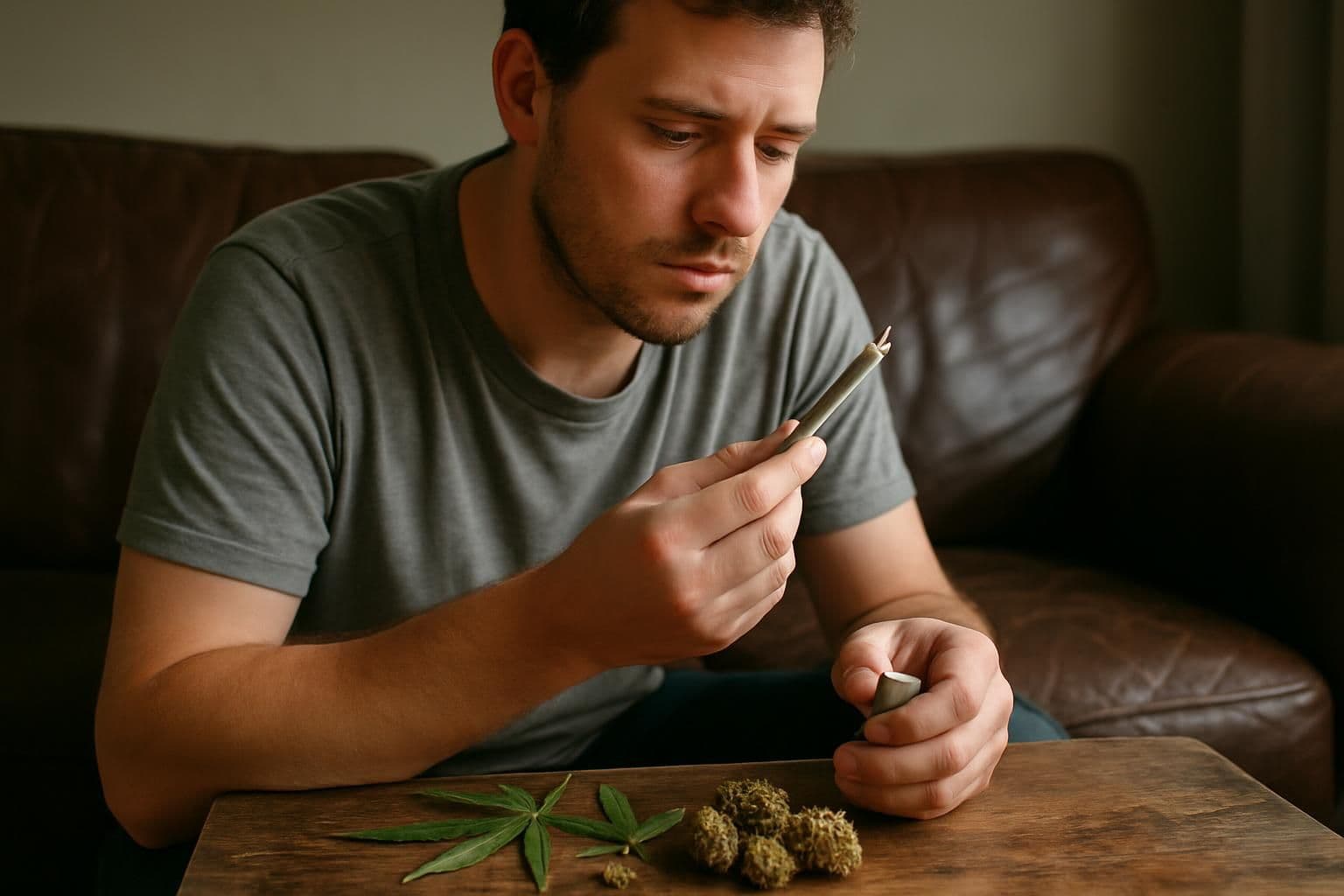 A man in his 30s sits on a leather couch with a joint and cannabis on the table. A man in his 30s sits on a leather couch with a joint and cannabis on the table.