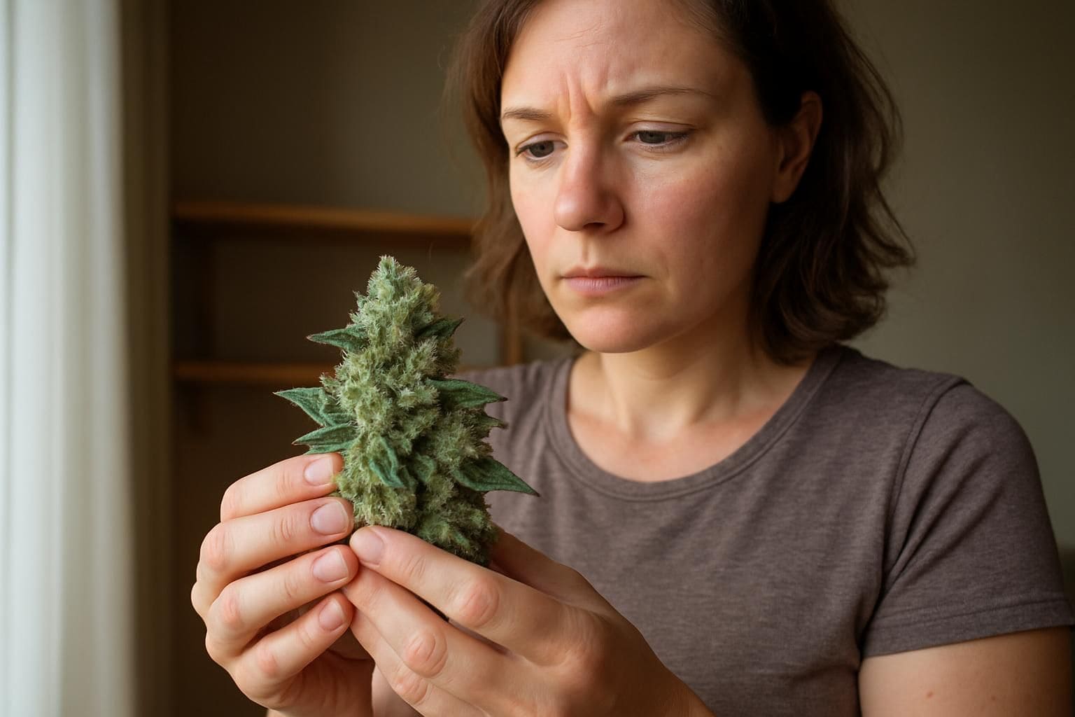 A woman in her 30s examines fresh cannabis flowers with focused attention. A woman in her 30s examines fresh cannabis flowers with focused attention.