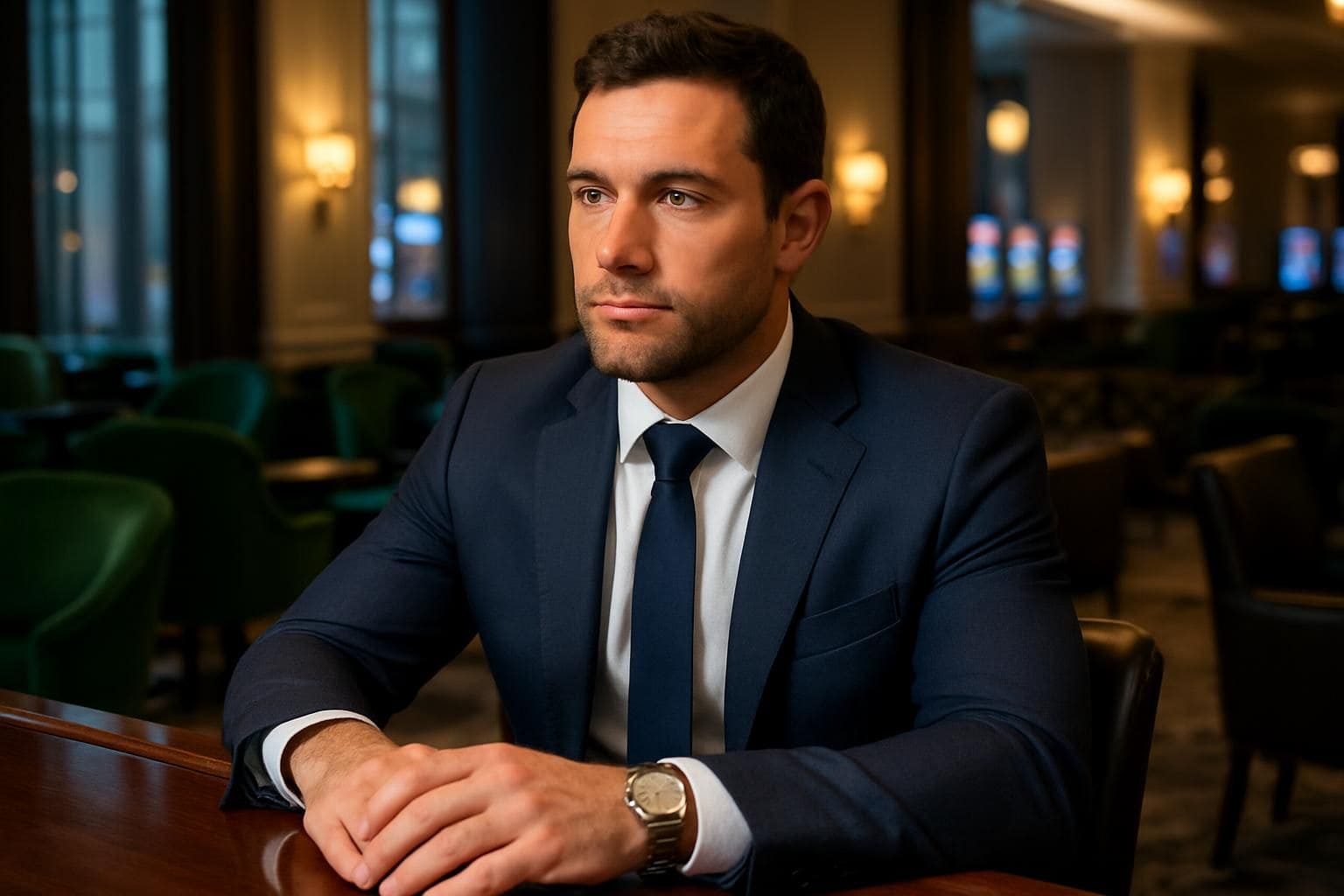 A well-dressed man in his 30s sits at a casino lounge bar with a composed yet alert demeanor. A well-dressed man in his 30s sits at a casino lounge bar with a composed yet alert demeanor.