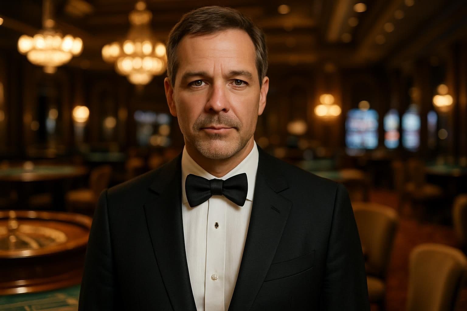 A well-dressed middle-aged man stands confidently in an opulent casino interior. A well-dressed middle-aged man stands confidently in an opulent casino interior.