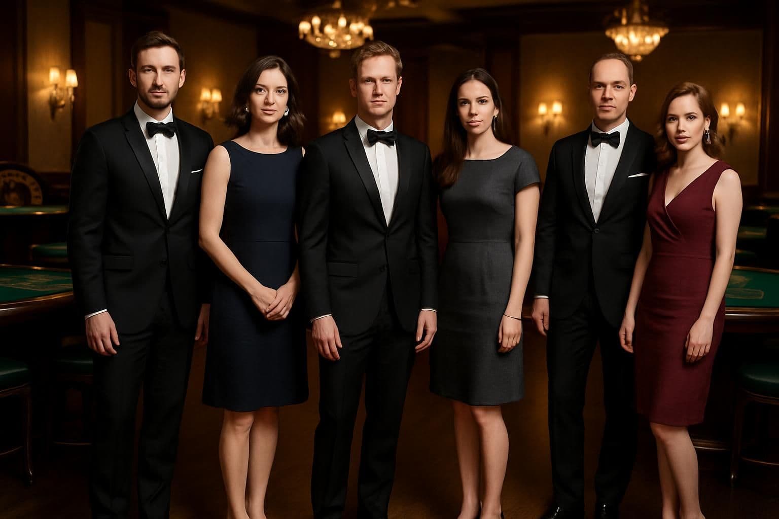 A group of elegantly dressed adults poses in a upscale casino lounge. A group of elegantly dressed adults poses in a upscale casino lounge.