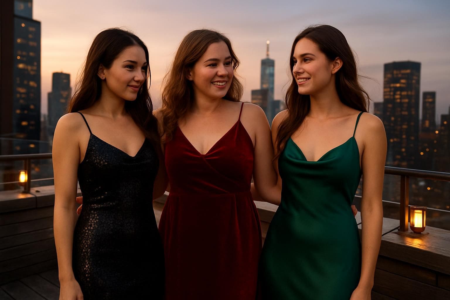 Three women in elegant cocktail dresses pose on a rooftop bar at sunset, with city lights in the background. Three women in elegant cocktail dresses pose on a rooftop bar at sunset, with city lights in the background.