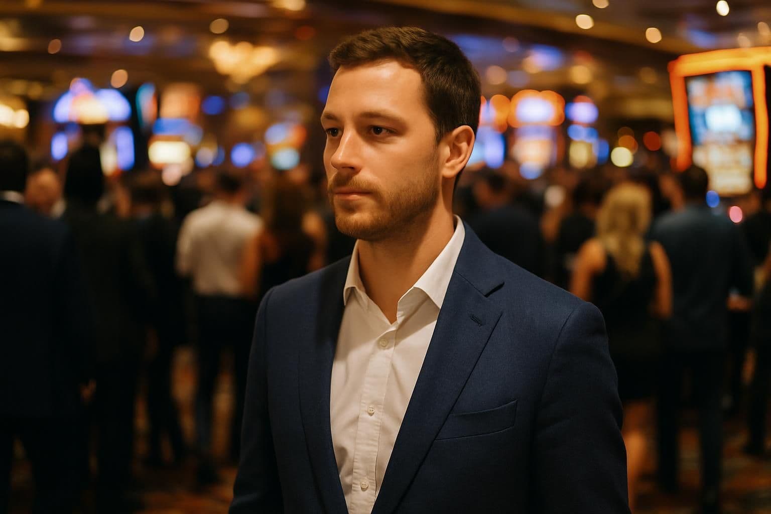 A confident man in a navy blue suit stands in a bustling casino party. A confident man in a navy blue suit stands in a bustling casino party.