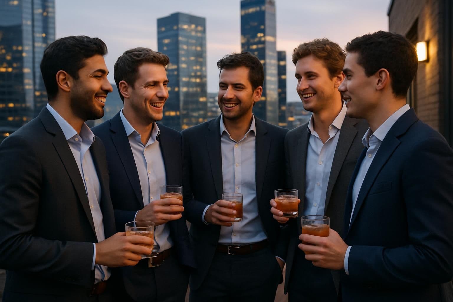 Five young men in smart-casual suits enjoy drinks on a rooftop bar at sunset. Five young men in smart-casual suits enjoy drinks on a rooftop bar at sunset.