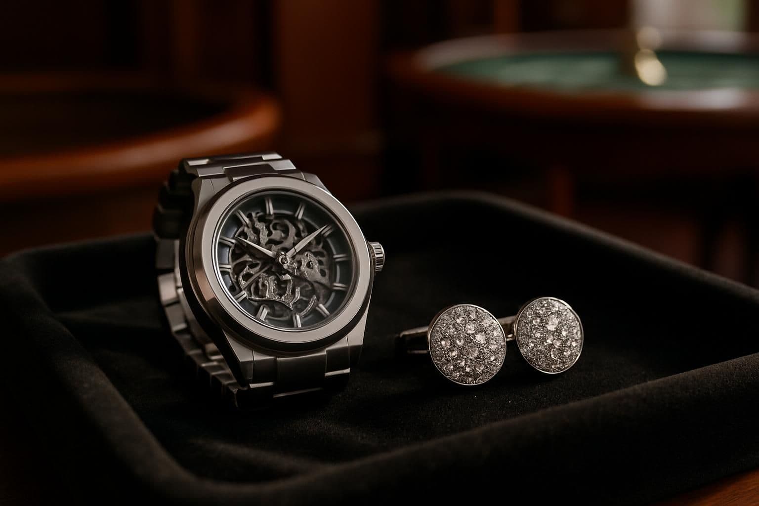 A luxury watch and diamond cufflinks displayed on a plush velvet tray convey refined elegance and sophistication. A luxury watch and diamond cufflinks displayed on a plush velvet tray convey refined elegance and sophistication.
