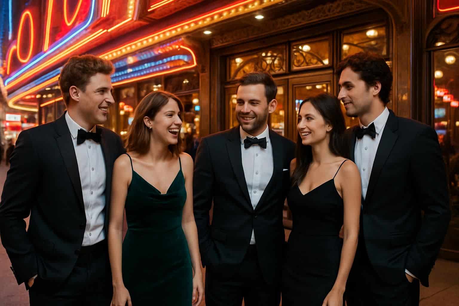 Five friends in formal attire stand outside a Las Vegas casino entrance at night. Five friends in formal attire stand outside a Las Vegas casino entrance at night.