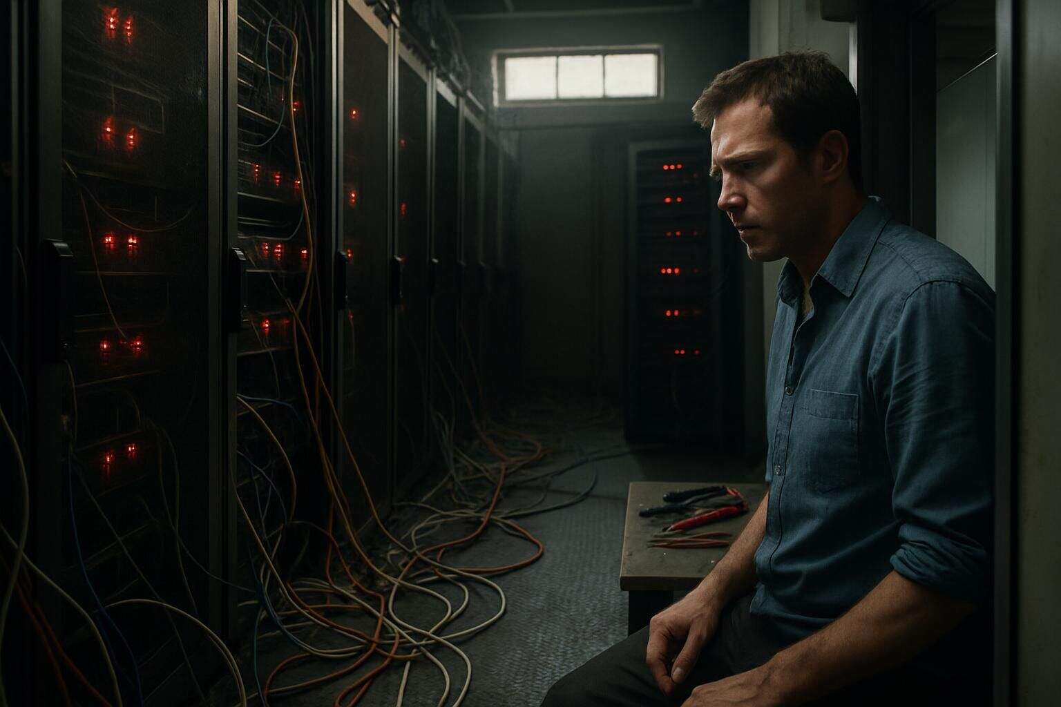 A man in a server room, troubleshoots issues with overheating servers and tangled cables. A man in a server room, troubleshoots issues with overheating servers and tangled cables.