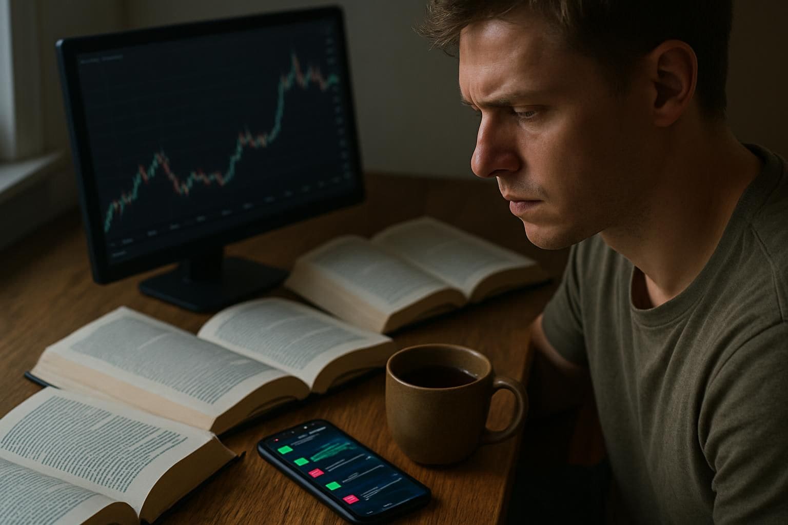 A cluttered desk with cryptocurrency data, books, coffee, and a focused individual studying late at night. A cluttered desk with cryptocurrency data, books, coffee, and a focused individual studying late at night.