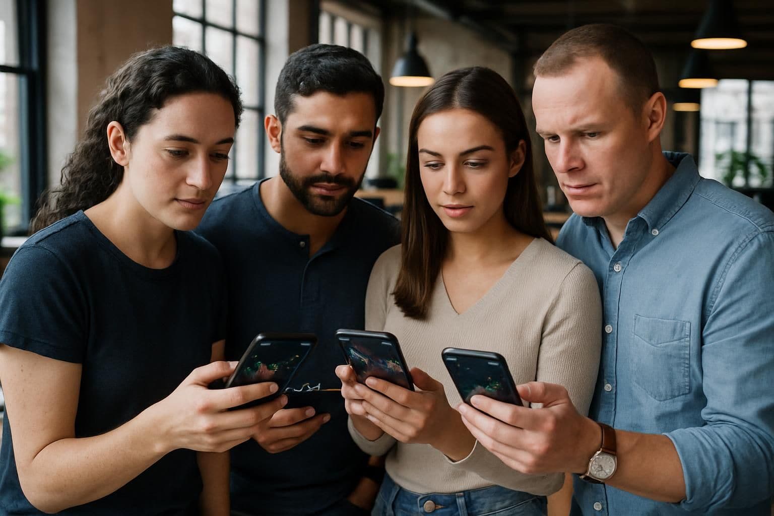 Four focused millennial investors analyze market data on smartphones in a bustling coworking space. Four focused millennial investors analyze market data on smartphones in a bustling coworking space.
