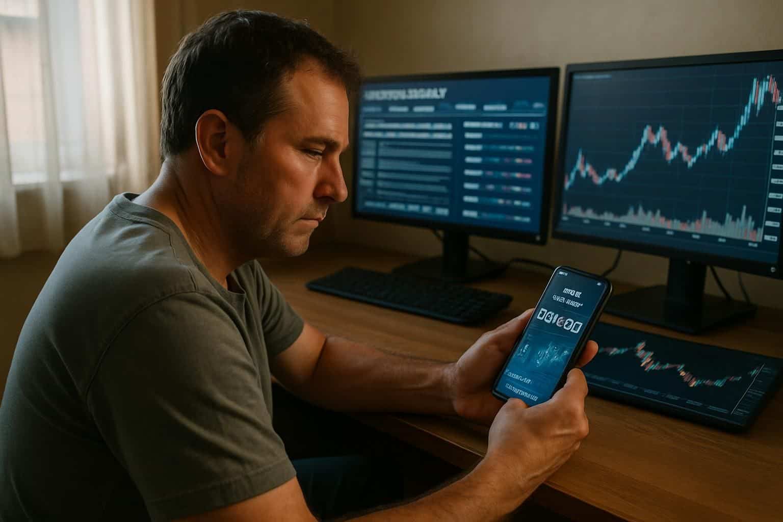 A man is seated at a desk, analyzing Bitcoin price forecasts and cryptocurrency news on multiple monitors. A man is seated at a desk, analyzing Bitcoin price forecasts and cryptocurrency news on multiple monitors.