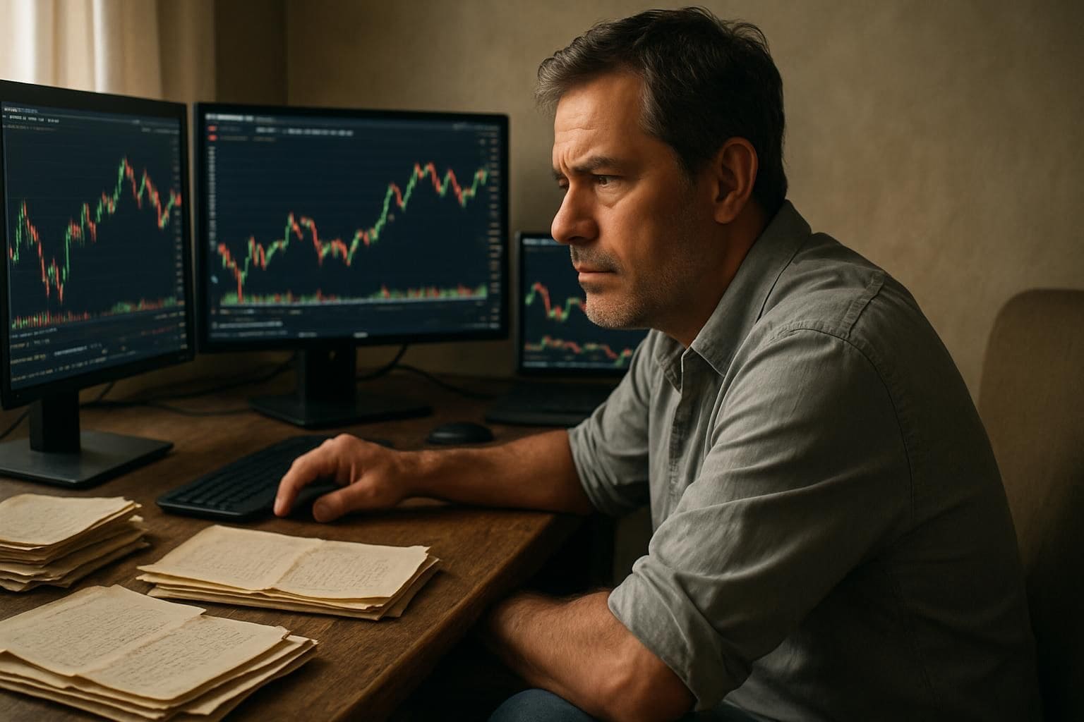 A man studies cryptocurrency charts in a cluttered home office, showing intense concentration and uncertainty. A man studies cryptocurrency charts in a cluttered home office, showing intense concentration and uncertainty.