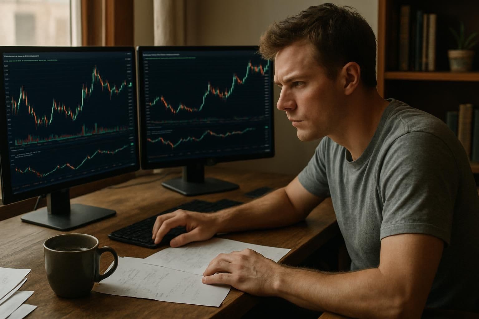 A person analyzing Bitcoin price charts on three computer monitors in a home office. A person analyzing Bitcoin price charts on three computer monitors in a home office.