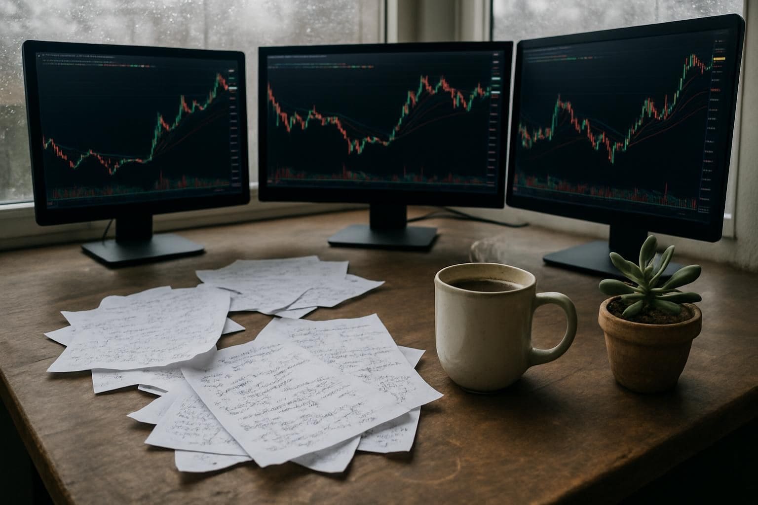 A cluttered home office desk with cryptocurrency charts, handwritten notes, coffee mug, and potted plant.