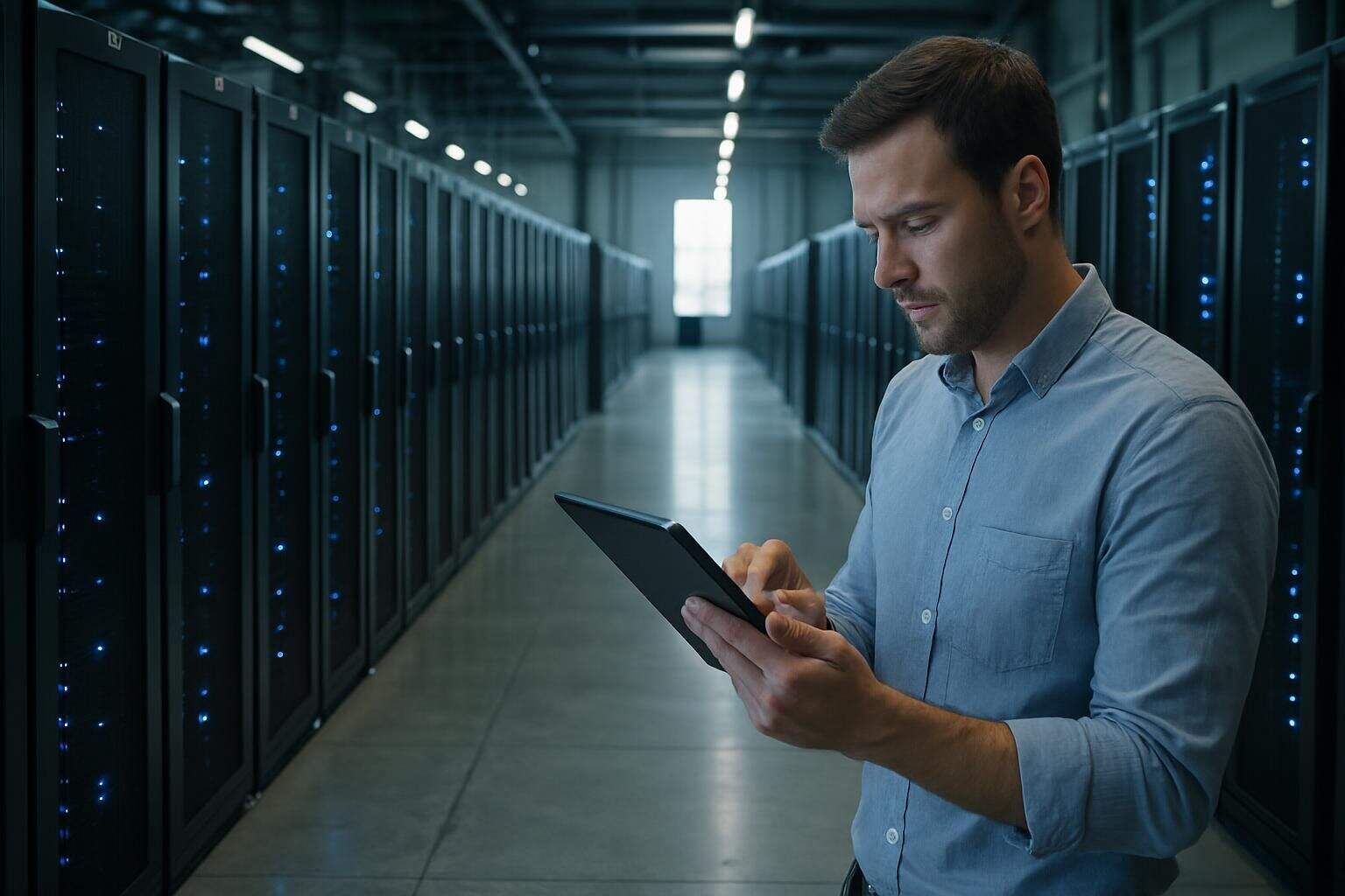 A man studies a tablet in a large, modern data center with rows of server racks. A man studies a tablet in a large, modern data center with rows of server racks.