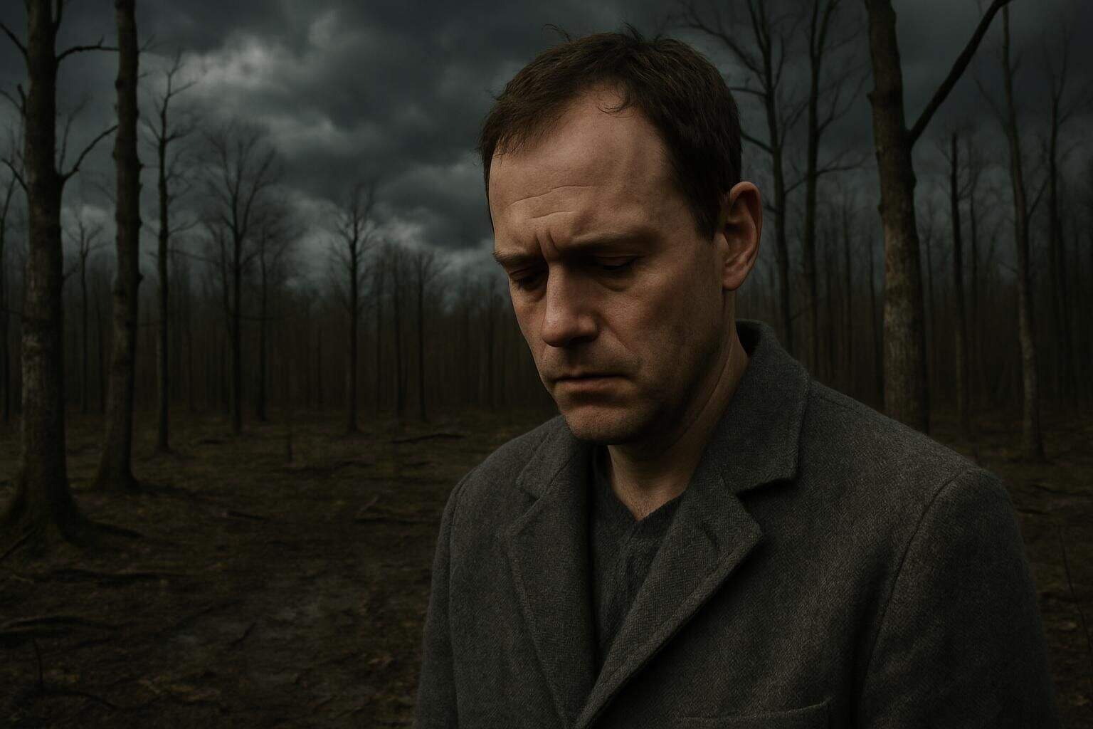 A person stands in a desolate forest under stormy skies, reflecting on hardship. A person stands in a desolate forest under stormy skies, reflecting on hardship.