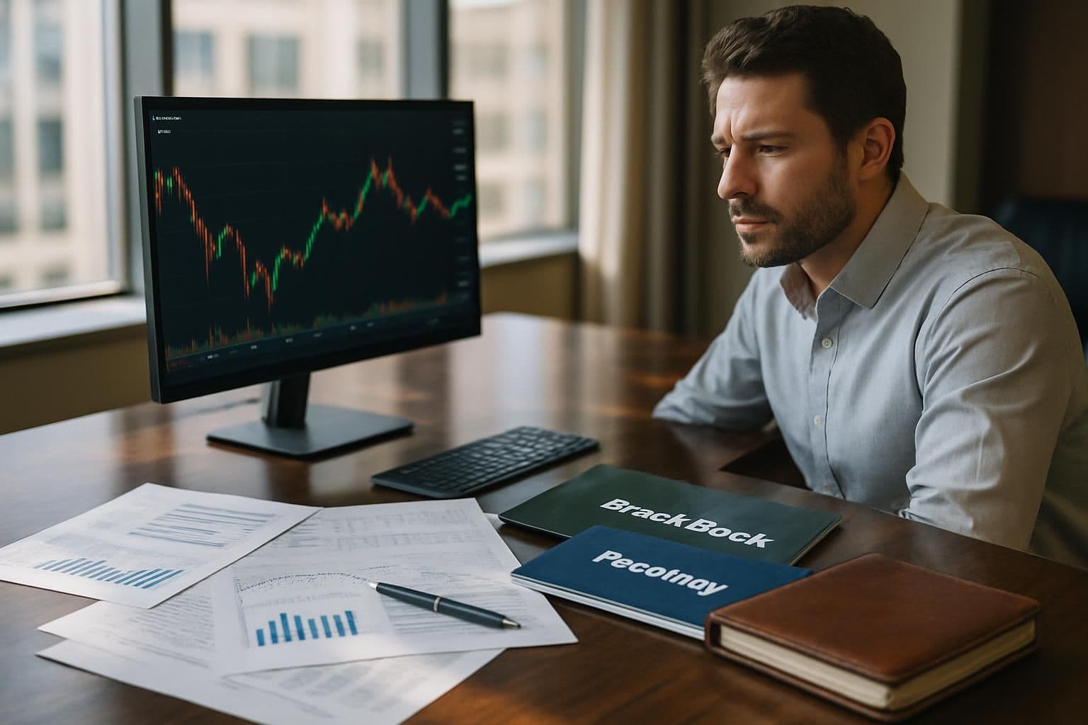 A high-end corporate desk with financial reports, cryptocurrency graphs, investment brochures, and a focused professional. A high-end corporate desk with financial reports, cryptocurrency graphs, investment brochures, and a focused professional.